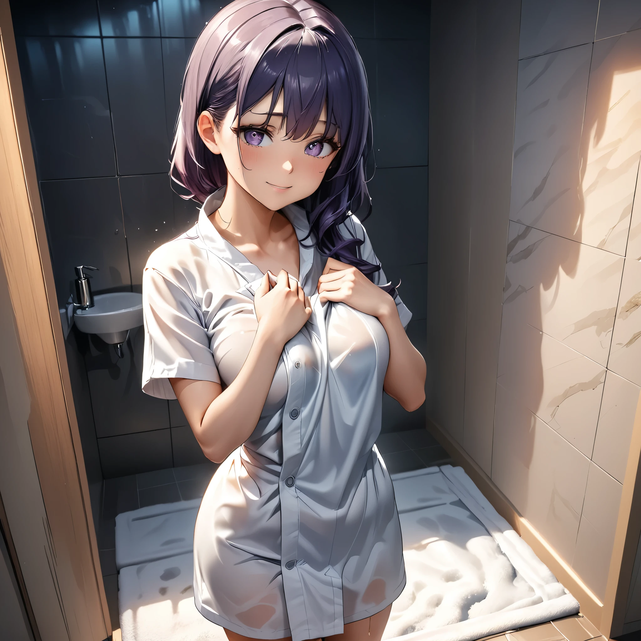 (masterpiece), best quality, 1girl, expressive eyes, perfect face, (purple hair), perfect anatomy, full body, 4k, HDR, full HD, solo, A young woman is standing just after a shower, expression is relaxed, with a slight smile as she gently dries his face with a corner of the towel. The soft light in the room highlights the warm and comfortable atmosphere, creating a moment of post-shower peace.