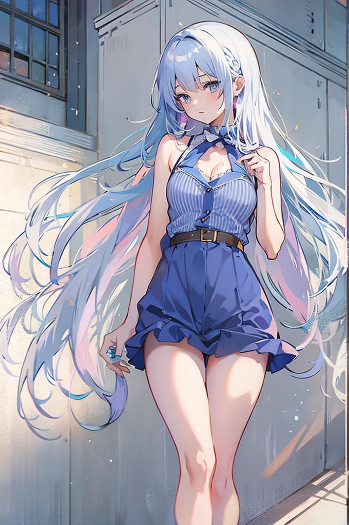 a girl, adult, pale skin, blue eyes, blue hair, eyebrows, nose, ears, mouth, lips, neck, shoulders, big chest, (blouse, ripped short shorts, tight tights), waist, thick legs, thick thighs , (light blue background)