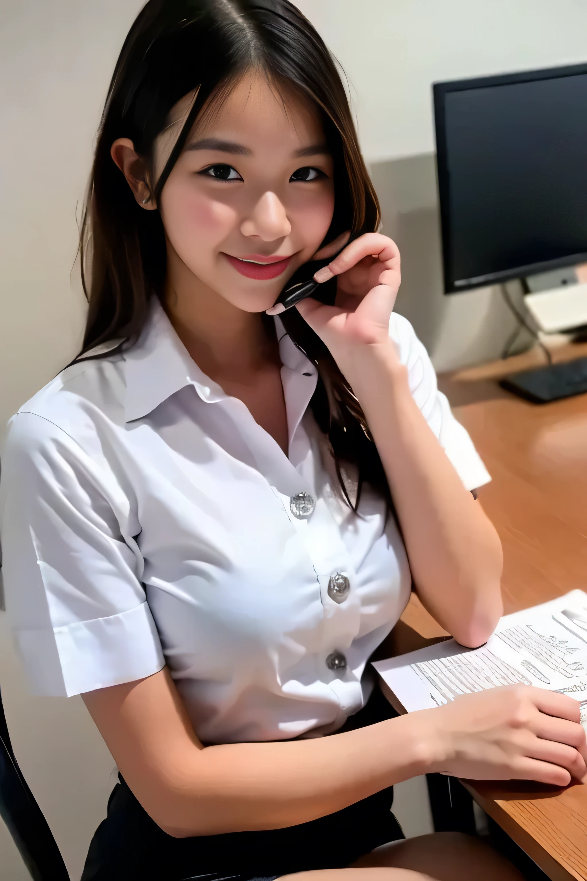 a young woman sitting at an office desk, holding a pen and writing on a document. She has long brown hair, is wearing a Thai university uniform white button-up blouse with short sleeves and a black skirt. The setting is a modern, well-lit office with a computer monitor in the background, some office supplies like colorful pens placed behind her, and a professional yet relaxed atmosphere.