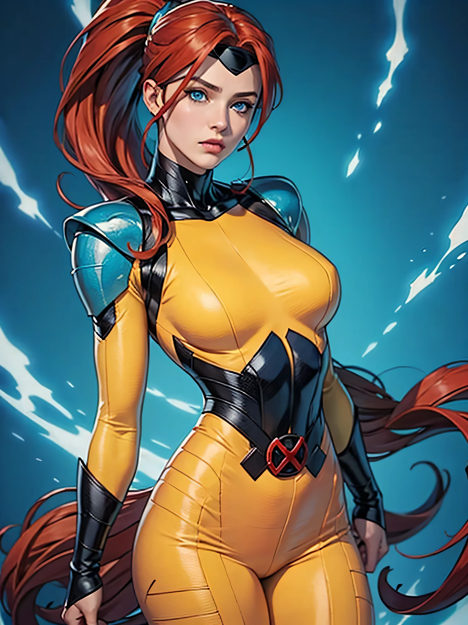 realism, realistic 1girl, solo,  blue eyes,  red hair, long hair, high pony tail, medium breasts,  headband, red hair, yellow bodysuit, (blue metal armor covering your forehead), neck, chest and shoulders , jean grey X-men classic outfit