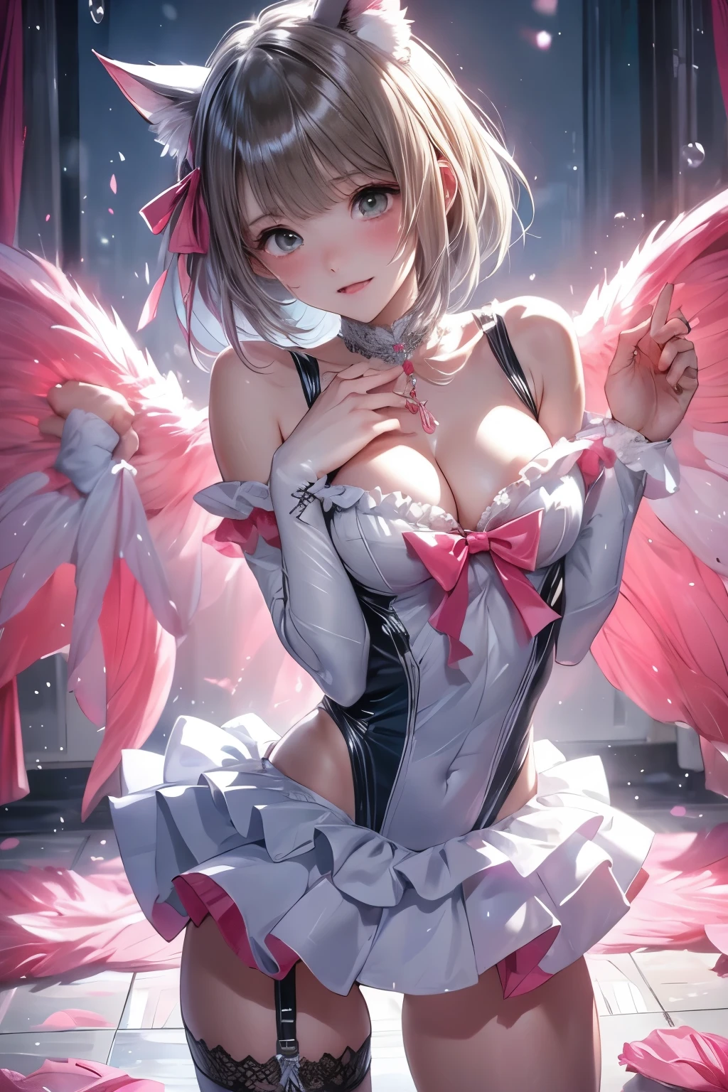 1girl,Sexy pretty girl,shiny blonde hair, Bobcut,curly hair、Dog ears、Red sparkling eyes、detailed cute eyes,(glowing eyes:1.4),laugh heartily,((Droopy eyes)),22 years old,nurse's outfit,posing,skinny body shape,short of a person,heart shaped pupils,smiling,open mouth,flushed cheeks,whitesmoke background color,looking at viewer,masterpiece, extremely fine and beautiful,masterpiece, heart,ribbon,sexy bunny girl Fishnet tights, steam,smile、background,