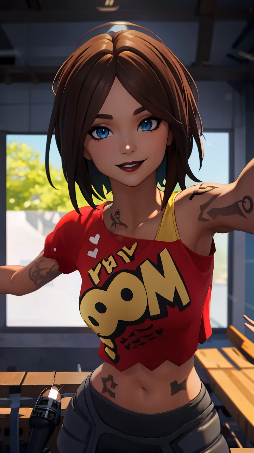 City background, 1girl, tntinafn, brown hair, short hair, blue eyes, dark tone skin, (black eyeshadow1:1), upper body,(speed lines:1.1), heart, tattoos, navel, red crop top, one bare shoulder, brown lips, smile, looking at viewer, facing viewer, outstretched arms, kabedon pov,