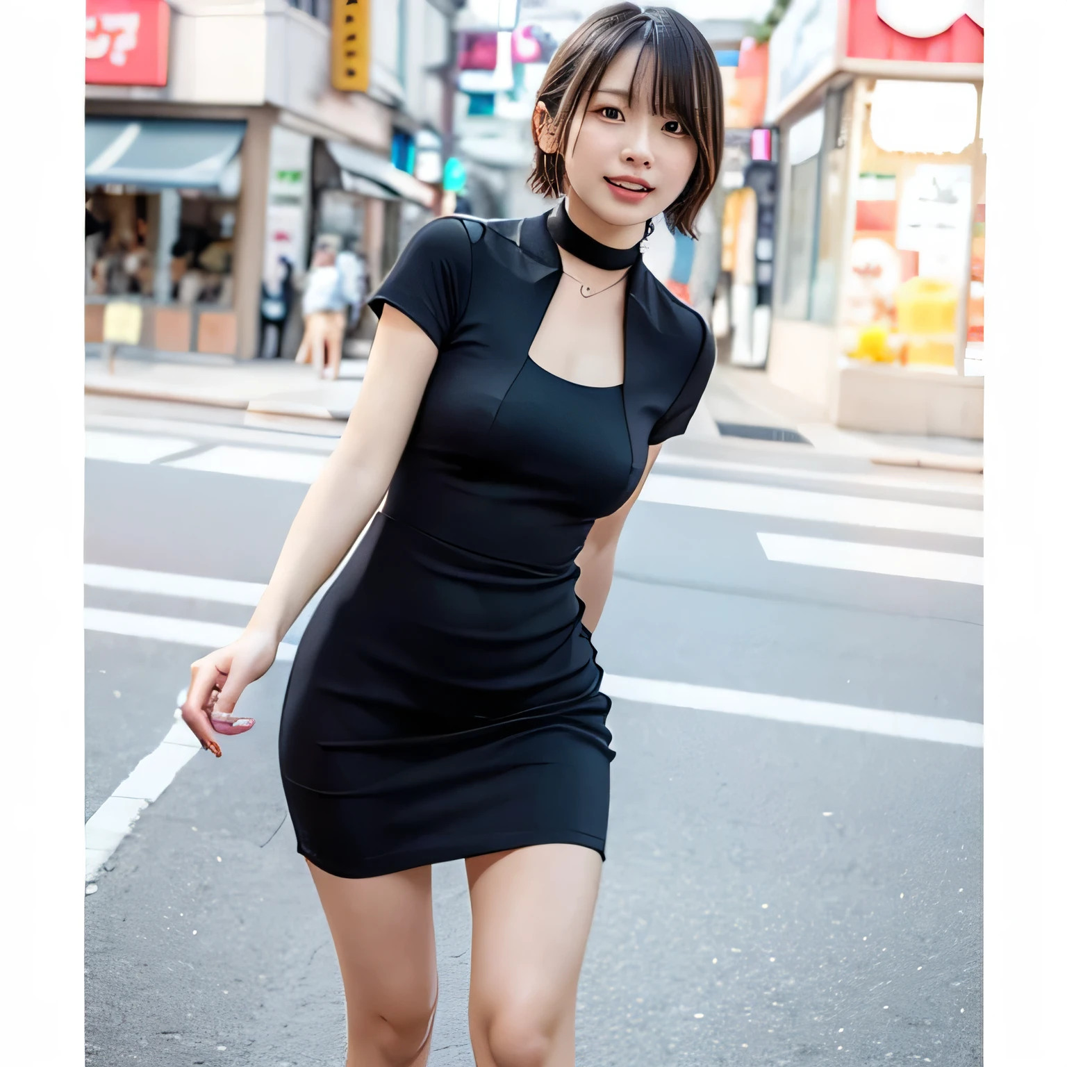 A young Japanese woman in a bustling urban setting, wearing a black, tight mini dress and a delicate black choker. She walks confidently through the vibrant streets, with colorful neon lights reflecting off her dress. Her expression is a mix of excitement and nervousness as she enjoys the attention from passersby. The city around her is alive with energy, symbolizing her new journey of self-discovery and exploration. Middle Short Hair, eyelashes, red cheek, exquisite detail, high detail, parted lips, smiley lips.