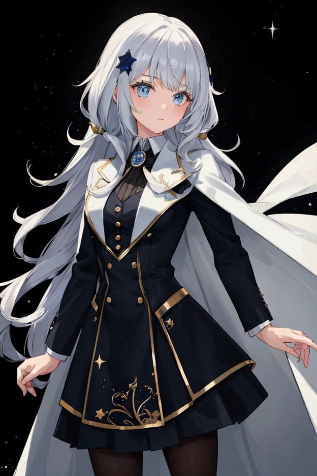 a girl dressed in a full suit with a universe background and a white cape