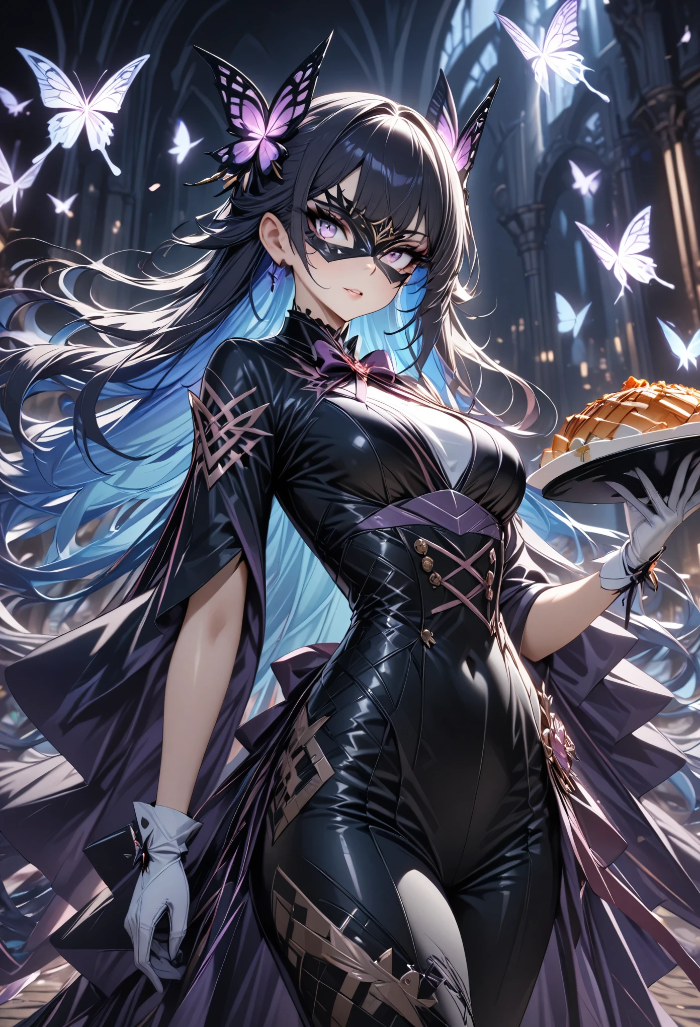 1girl,solo,phantom thief,holding banquet, sleek design, purple accent, eye mask, white gloves, blue hair, colored inner hair,(detailed eyes,perfect anatomy,masterpiece,best quality),butterfly, ribbon, style_ethereal_fantasy, visual appealing, synced, intricate character design, mystical