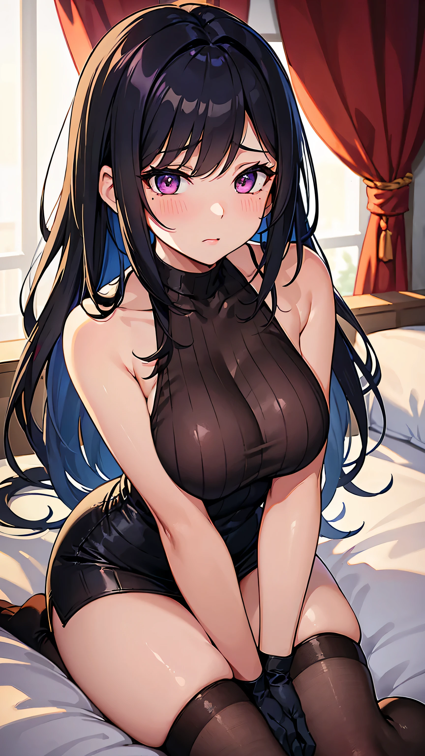 High quality illustrations. She is an adult woman with a mysterious and charming aura, mole under eye, with sharp eyeliner. (large breasts:1.3), busty, flowing sweat, narrow shoulder, (impossible sweater:1.05), see through, sleeveless, She has good style, blushing with a seductive expression, (upturned eyes:1.2), (emphasize the cleavage:1.2). She is gasping for breath and sweating, (A heart mark is showing:1.2). The location is in front of the bed in a love hotel.