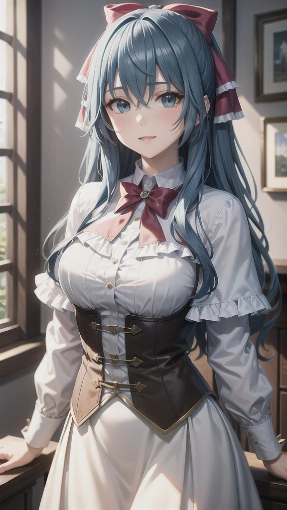 ((((masterpiece, extremely detailed, best quality)))), illustration, indoor, stylized, (liselottecretia), 1girl, blue hair, (long hair, hair between eyes, hair ribbon), blue eyes, (looking at viewer:1.2), (light smile), (blush:1.2), lower body, (white shirt, red bowtie, frills, brown vest, capelet, skirt), (large breasts:1.2), standing