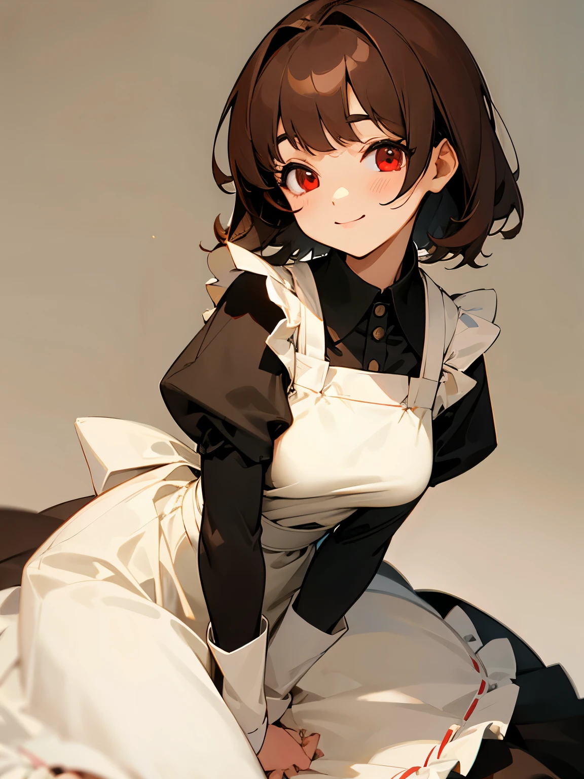 Anime girl with red eyes sitting on a bed with a white apron - SeaArt AI