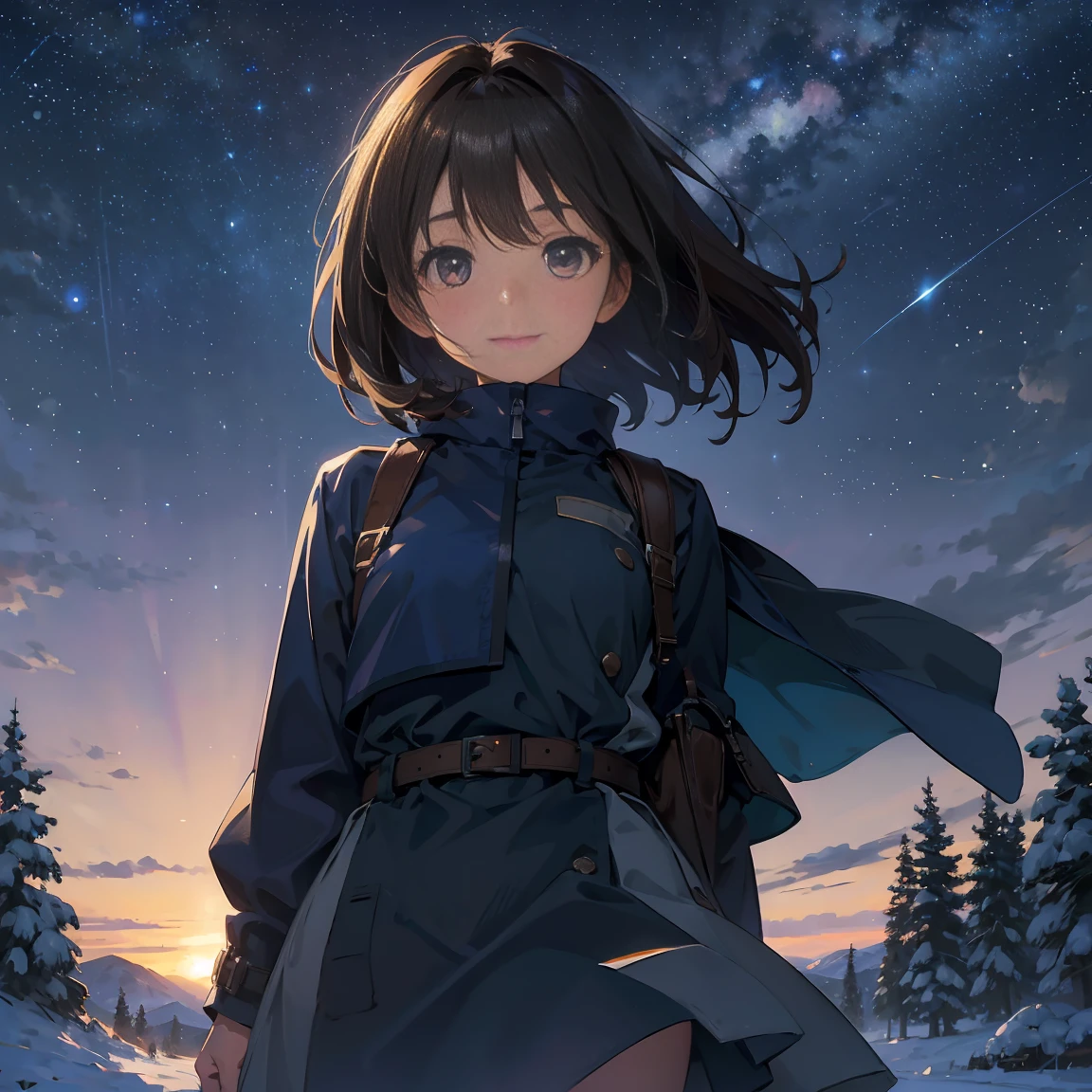 Nene Kasaki々、Shiny brown hair, short hair, (Beautiful brown eyes、Shining Eyes, fine grain)、smile、Very detailed eyes、Highly detailed face, Highly detailed eyes, Night sky above the hills. winter, winter colors, winter landscape, Starry Sky, Sky color Prussian blue Cobalt blue Purple Cyan. Planet, Bright Star, meteor, Tree tops swaying in the wind, thre beautiful girl in winter clothes observes the starry sky with a dreamy look.