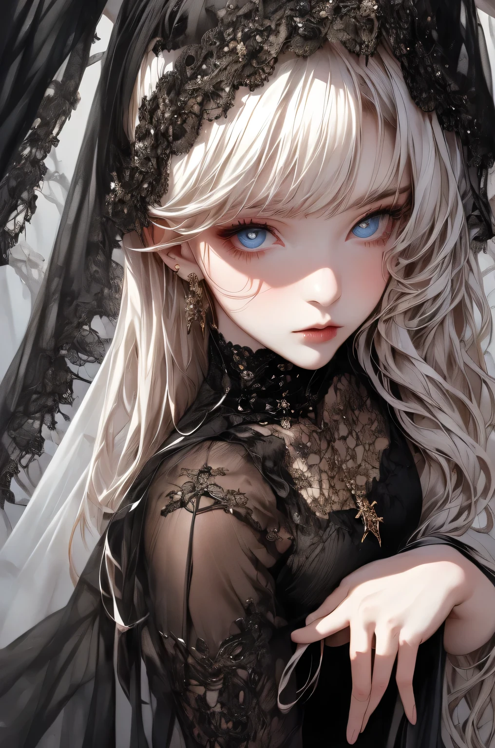 Full body image、Stand、((masterpiece, best quality, Very detailed, High resolution)), alone, beautiful girl, Shining Eyes, Perfect Eyes, , Black White Gold theme, Gothic style,　elegantic gothic dress, Lace Face Veil.Flexible lines of the body
