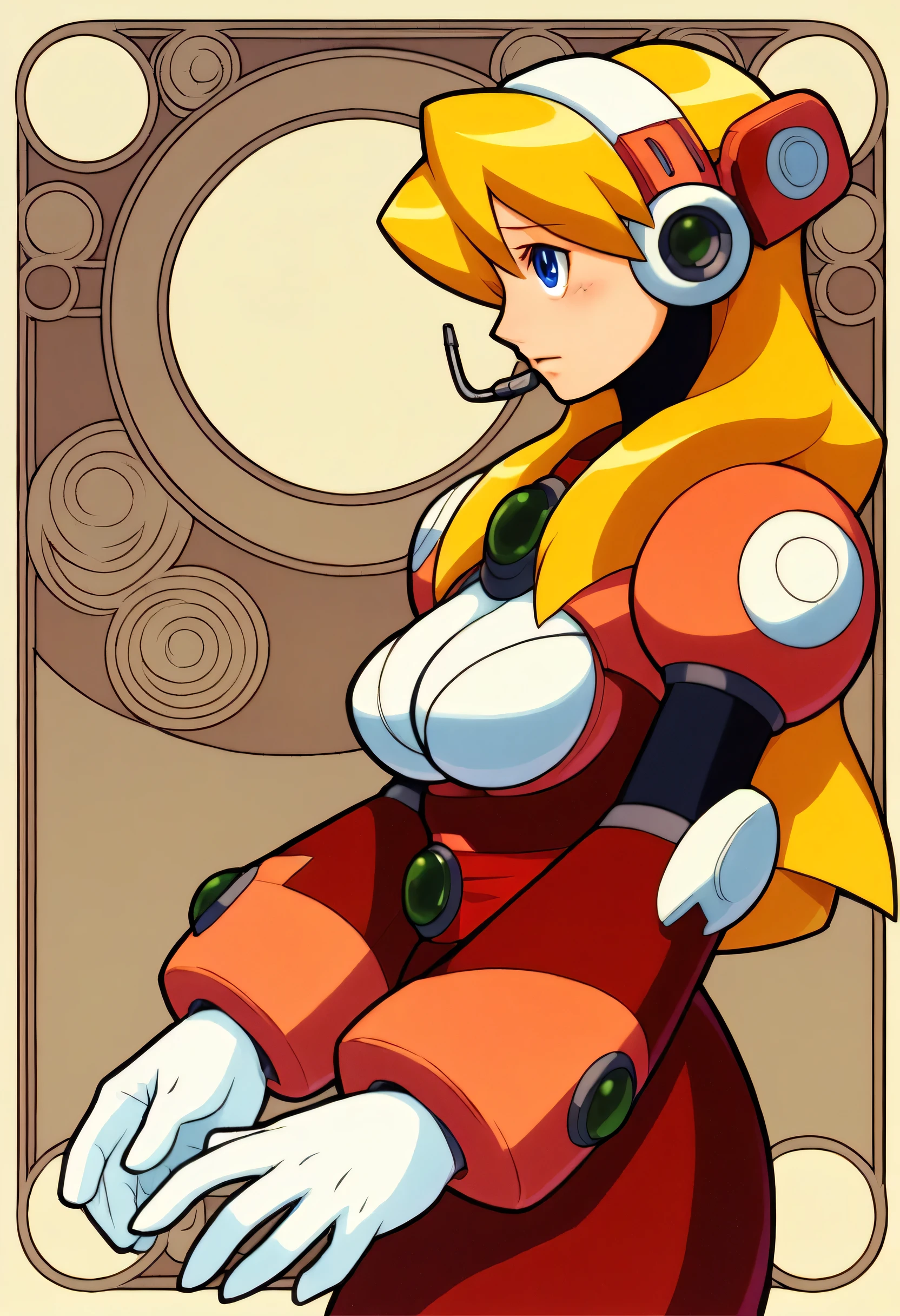 Art Nouveau Style, poster in a theater, (art by wes anderson), upper body, blush, profile ,(masterpiece, finely detailed beautiful eyes: 1.2), 1girl, solo,bangs, sash,red sash, beautiful, small details, ultra detailed, best quality, intricate, sharp, digital illustration, detailed,large breast ,Alia (mega man), 1girl, solo, long hair, breasts, blue eyes, blonde hair, gloves, white gloves, headset, android, robot ears