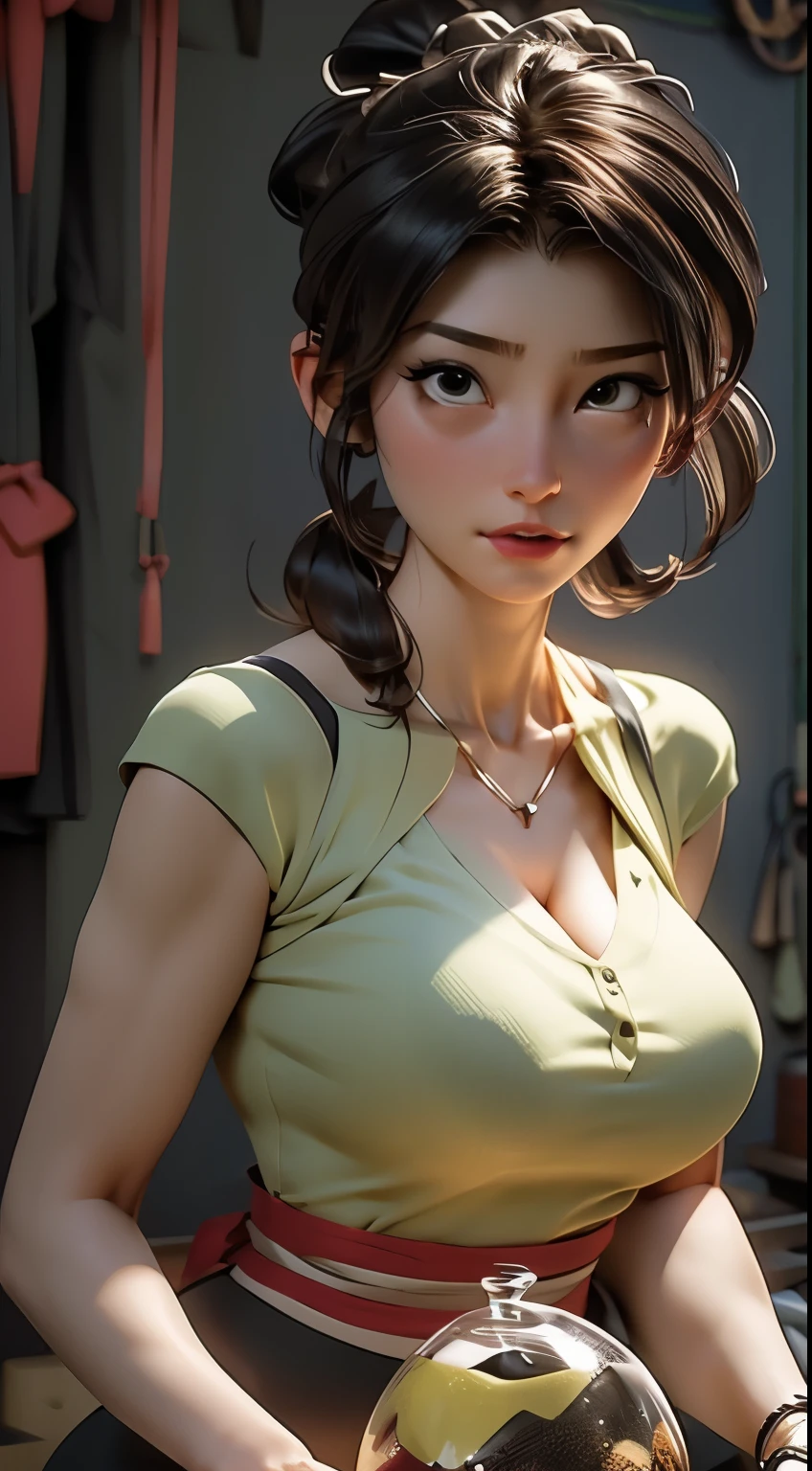 photo of a tall young woman in a tight t-shirt, skinny small boobs, small breasts, (big hoop golden earrings), ((yellow crop top short sleeve t-shirt with green sleeves)), (flare skinny blue jeans), standing straight up, skinny model figure, skinny perfect body, head tilted down, ((perfect beautiful detailed face)), ((thick eyelashes makeup)), ((full lips)), POV fisheye perspective, dark nightclub in the background, club party background, neon colours background lighting club, huge big eyes, fisheye POV perspective, ((huge big eyes)), ((big huge eyes)), fuller lips, skinny body, lips slightly open, brown ponytail, short ponytail brown hair, (((erect nipple))), Bangs, huge beautiful manga eyes, beautiful small round breasts, straight ironed hair, oval face, double eyelids, Parted lips, green eyes, solo, ((areolas)), delicate and sexy(collarbone:1.3), (Matte skin:0.8),(Masterpiece:1.4), (Best quality:1.4), natural small breasts, Shiny big lips, glossy lipstick, Perfect abs,(sheer fabrics), (sweaty, soaked), low angle, (from above angle), high detailed skin, (sfw), clear face, no pores, no freckles, bigger anime eyes, light brownish skin, HD eyes,(from below angle), high detailed skin,(sfw), clear face, no pores, no freckles, bigger anime eyes, brownish skin
