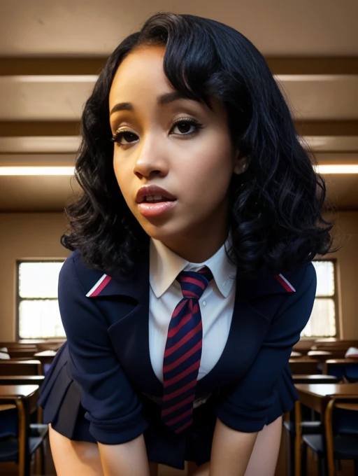 Foto hiperrealista en primer plano de Cardi B, masterpiece, best quality, (photorealistic:1.4), full body, (Navy School uniform and mini skirt with tie:1.1), long sophisticated loose black curls, professionally posing in a school hall, neons, cinematic light, beautiful woman, skinny, large breasts, perfect body and shape, detailed face, slutty face, looking straight at the camera, photo taken from a distance