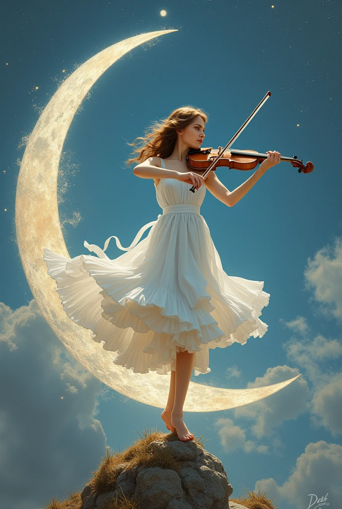 A beautiful girl dancing gracefully in a white dress，Playing the violin，Balancing on a crescent moon in a surreal and dreamy sky。从 1912 年之前的Surrealism绘画中发现的强烈、Inspired by weird visuals，Rendering the composition，Shows melted elements that appear to drip and deform smoothly。Using a digital painting style should capture the scene，Like watching through long exposure technique，Create a sense of continuous movement and transformation。Mysterious and ethereal picture，The soft moonlight fills the surroundings，Use soft brushstrokes to render the whimsy and enchantment of the moonlight fantasy，Realism，photography，Monet，Rococo style，Surrealism，Ethnic art，graphic design，Game texture，Delicate facial features, anatomically correct, textured skin, accurate, award winning, UHD