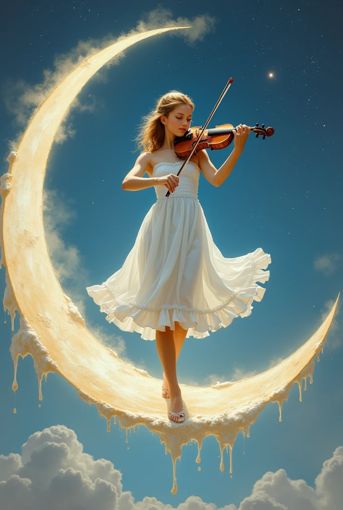 A beautiful girl dancing gracefully in a white dress，Playing the violin，Balancing on a crescent moon in a surreal and dreamy sky。从 1912 年之前的Surrealism绘画中发现的强烈、Inspired by weird visuals，Rendering the composition，Shows melted elements that appear to drip and deform smoothly。Using a digital painting style should capture the scene，Like watching through long exposure technique，Create a sense of continuous movement and transformation。Mysterious and ethereal picture，The soft moonlight fills the surroundings，Use soft brushstrokes to render the whimsy and enchantment of the moonlight fantasy，Realism，photography，Monet，Rococo style，Surrealism，Ethnic art，graphic design，Game texture，Delicate facial features, anatomically correct, textured skin, accurate, award winning, UHD