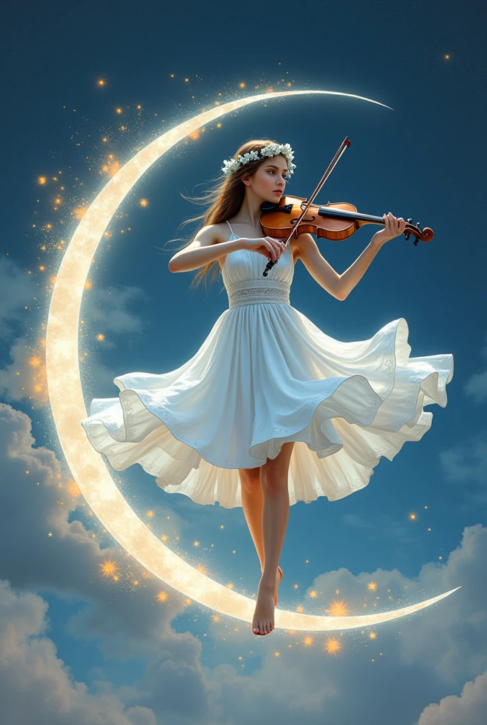 A beautiful girl dancing gracefully in a white dress，Playing the violin，Balancing on a crescent moon in a surreal and dreamy sky。从 1912 年之前的Surrealism绘画中发现的强烈、Inspired by weird visuals，Rendering the composition，Shows melted elements that appear to drip and deform smoothly。Using a digital painting style should capture the scene，Like watching through long exposure technique，Create a sense of continuous movement and transformation。Mysterious and ethereal picture，The soft moonlight fills the surroundings，Use soft brushstrokes to render the whimsy and enchantment of the moonlight fantasy，Realism，photography，Monet，Rococo style，Surrealism，Ethnic art，graphic design，Game texture，Delicate facial features, anatomically correct, textured skin, accurate, award winning, UHD