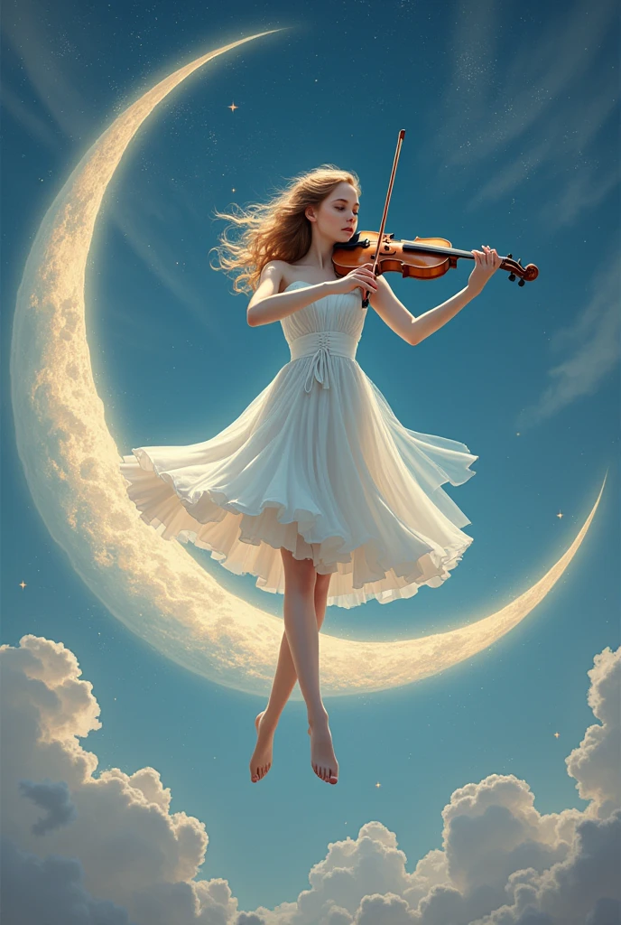 A beautiful girl dancing gracefully in a white dress，Playing the violin，Balancing on a crescent moon in a surreal and dreamy sky。从 1912 年之前的Surrealism绘画中发现的强烈、Inspired by weird visuals，Rendering the composition，Shows melted elements that appear to drip and deform smoothly。Using a digital painting style should capture the scene，Like watching through long exposure technique，Create a sense of continuous movement and transformation。Mysterious and ethereal picture，The soft moonlight fills the surroundings，Use soft brushstrokes to render the whimsy and enchantment of the moonlight fantasy，Realism，photography，Monet，Rococo style，Surrealism，Ethnic art，graphic design，Game texture，Delicate facial features, anatomically correct, textured skin, accurate, award winning, UHD