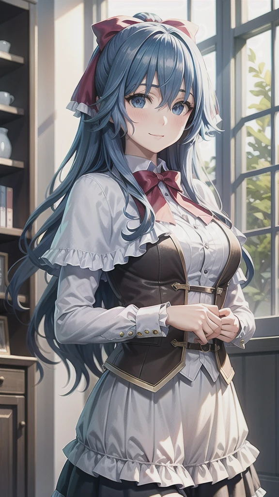 ((((masterpiece, extremely detailed, best quality)))), illustration, indoor, stylized, (liselottecretia), 1girl, blue hair, (long hair, hair between eyes, hair ribbon), blue eyes, (looking at viewer:1.2), (light smile), (blush:1.2), lower body, (white shirt, red bowtie, frills, brown vest, capelet, skirt), large breasts, standing