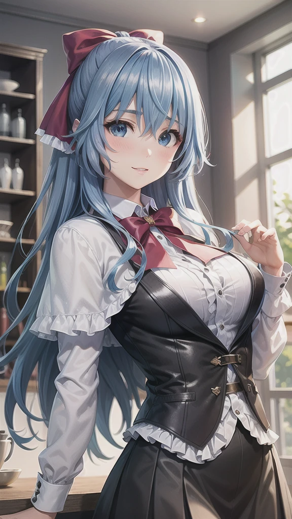 ((((masterpiece, extremely detailed, best quality)))), illustration, indoor, stylized, (liselottecretia), 1girl, blue hair, (long hair, hair between eyes, hair ribbon), blue eyes, (looking at viewer:1.2), (light smile), (blush:1.2), lower body, (white shirt, red bowtie, frills, brown vest, capelet, skirt), large breasts, standing