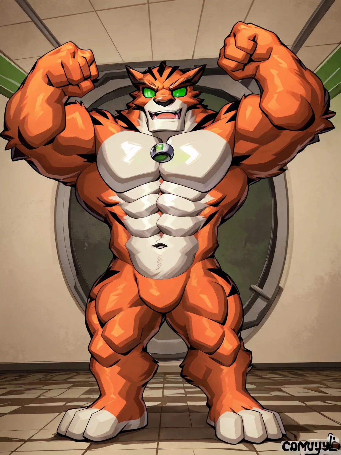 score_9, score_8_up, score_7_up, score_6_up, score_5_up, score_4_up,best quality,1boy,solo,muscular male,hi res,8k hd,looking at viewer,arms_raised,(by cartoon-network,by kamyuelo:1.5),(((no signature:1.8))),masterpiece,best quality,(rath_(ben_10),orange skins):0.9,solo,hi res,8k hd,((nudiest:1.7)),(((green eyes,no pupils:1.7))),full body shot,((show legs&feet)),detailed background((flawless design)),(((rugged body,wide_chest,wide_abs,wide_legs,wide_feet,big muscular,better eyes,better pupils,better hands,better fingers,better fist))),standing,confident dramatic muscle-man posing,one-arm raising,