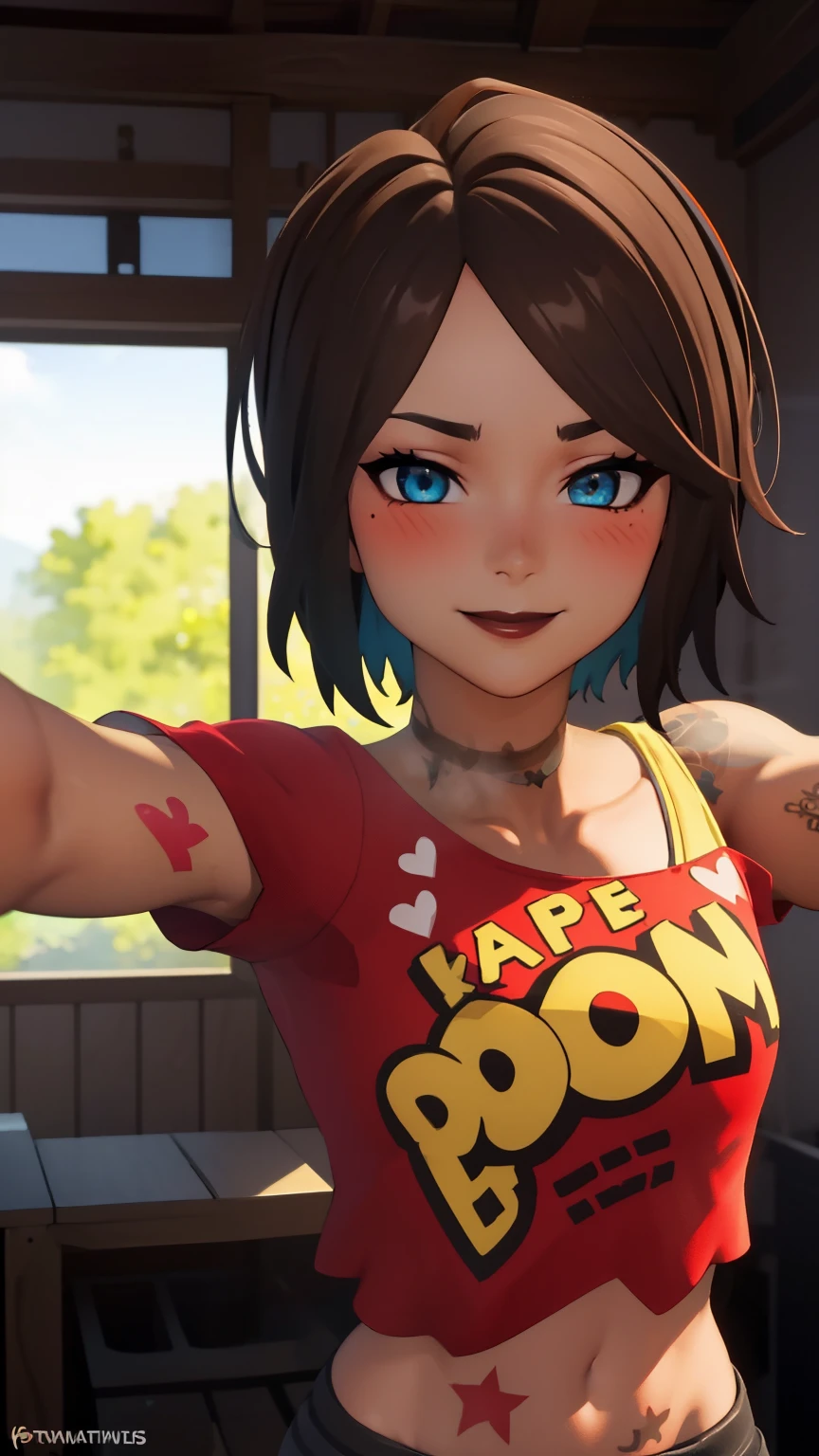 1girl, tntinafn, brown hair, short hair, blue eyes, dark tone skin, (heavy breathing:1.3), (blush:1.1), (black eyeshadow1:1), upper body,(speed lines:1.1), heart, tattoos, navel, red crop top, one bare shoulder, brown lips, smile, looking at viewer, facing viewer, outstretched arms, kabedon pov,