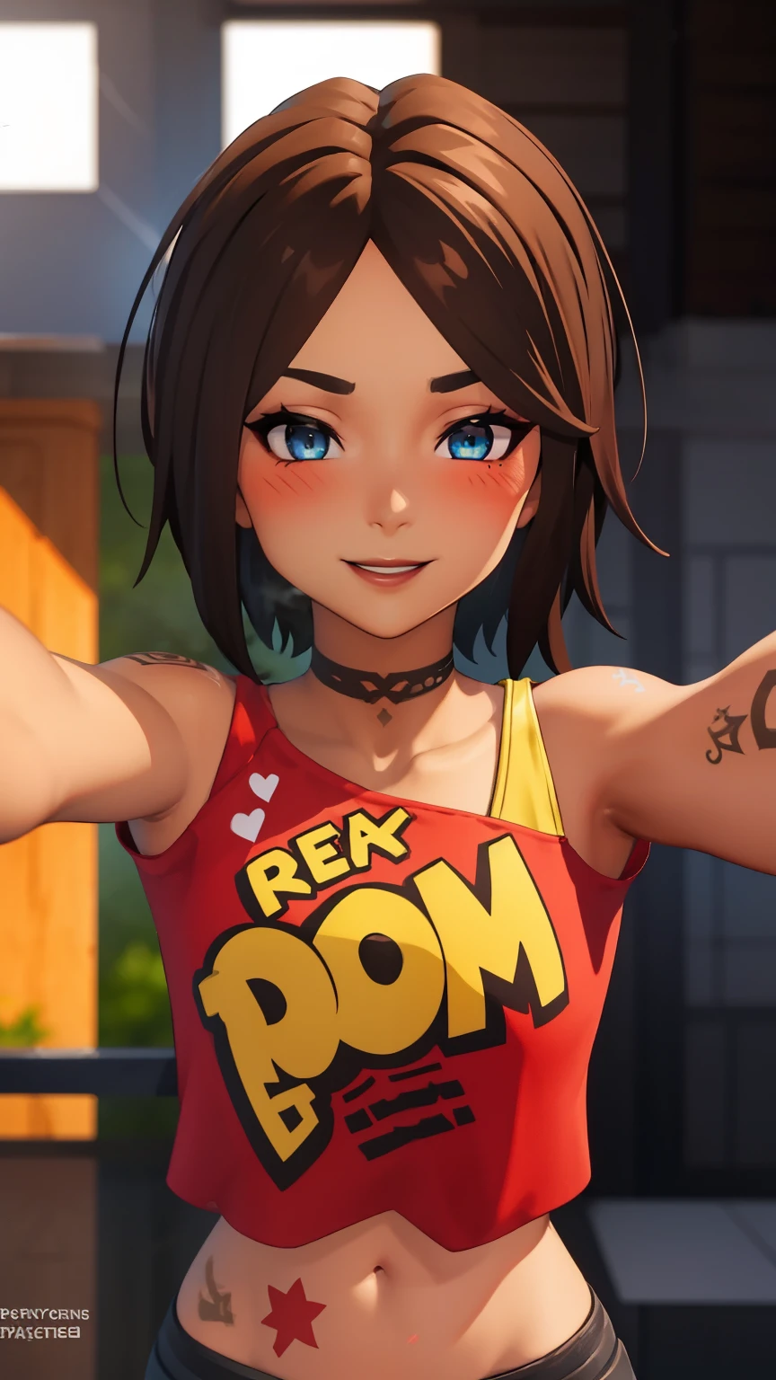 1girl, tntinafn, brown hair, short hair, blue eyes, dark tone skin, (heavy breathing:1.3), (blush:1.1), (black eyeshadow1:1), upper body,(speed lines:1.1), heart, tattoos, navel, red crop top, one bare shoulder, brown lips, smile, looking at viewer, facing viewer, outstretched arms, kabedon pov,