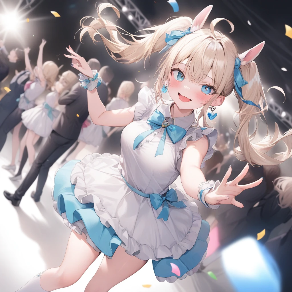 Cinematic Light, Alone, (((1 girl))), blonde, Long Hair, Twin tails, Red eyes, jewelry, Earrings, Idol Costumes, Cute frills, Pastel colors, Beautiful thighs, Flared Skirt, (smile:1.5), ((Open your mouth:1.2)), ((Random Action Pose:1.2, heartが弾ける)), (tits), Lots of confetti, ((dance, Dutch Angle, heart:1.1)), Beautiful Skin, Shiny skin, Perfect fingers, Five fingers, Background Blur, High image quality, Surreal, Bright colors, ((Very detailed, photo shoot)),