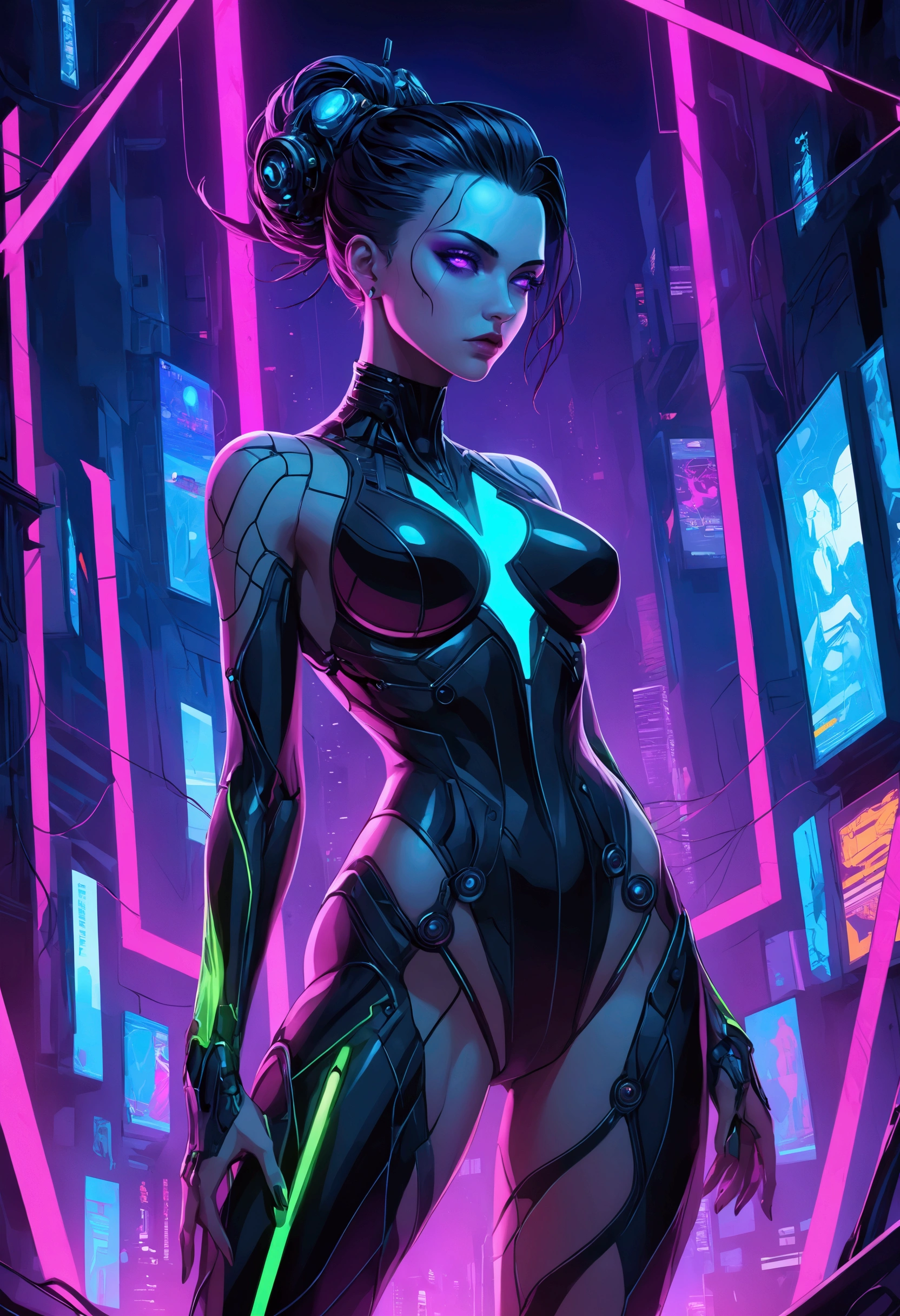 ((Realstic)) and ultra-detailed photography of a nude woman, body at an angle dramatic angle, portrait, focus on face, sexy spandex, hero outfit, neon colors, rim lighting, atmospheric lighting, woman is well lit, sexy, beautiful woman, glowing neon skin, cinematic lighting, dark simplistic abstract background, night time