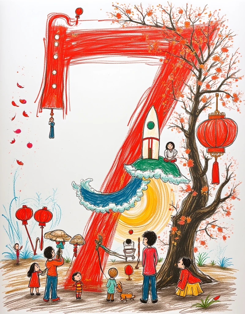 (childrens simple drawings, simple graffiti, poor painting skills, crayon drawings, fairy tales style, pure white background)，The numbers &quot;7&quot; on the left and &quot;5&quot; on the right are drawn with delicate gold lines.。The left &quot;7&quot; is covered with，(Temple of Heaven)，(Great Wall和牡丹花的建筑)，The number &quot;5&quot; on the right is covered with modern Chinese landmarks.，(Rocket:1.5)，(panda:1.6)，(Fireworks and a group of people releasing balloons:1.6), The edges of the numbers are surrounded by golden ribbon clouds，Chinese red background，The overall design is based on the red theme.，3d, C4D rendering, 8k, super high detail, Bright colors，Bright，RGB, Colorful，Dopamine color，High Saturation，High contrast，High Definition，8k，Dopamine，(in the style of Y2K)，Luo Erchun，Three-dimensional ancient style，Oriental Poetry and Painting, On the occasion of the 75th anniversary of the founding of the People&#39;s Republic of China，We carefully designed a commemorative cake that incorporates major Chinese monuments and architectural elements.。This cake is not only a celebration food，It is also a tribute to China&#39;s long history and culture.。 This cake says &quot;75 years of glory&quot;，It is through the stacked cake layers，Shows the glorious history of China from ancient times to the present。Each layer is stacked with Chinese and modern achievements，从古代的Great Wall到现代的摩天大楼，Each layer represents the architecture and culture of different periods in China.。 Visual Elements： Cake on a ceramic stand，There are multiple layers of stacking，Each layer is decorated with colorful edible patterns。The top layer is a beautiful pattern of a tree in bloom，The leaves and flowers are designed very delicately，The main colors are bright emerald green and bright pink，It symbolizes China&#39;s prosperity and vitality.。 The middle layer depicts a tranquil ocean，Tiny edible waves gracefully lapping against a hand-carved beach，Represents China&#39;s coastline and maritime culture。The bottom layer uses a mixture of dark and light icing to outline the contours of major Chinese monuments or buildings.，如Tower、wait，Created with almost architectural precision。 Color Palette： The whole cake uses bright emerald green and pink as the main colors，And other traditional Chinese colors，Like red and gold，To decorate。这些Colorful的装饰不仅增加了蛋糕的美观，It also represents the traditional and modern Chinese。 Overall Effect： pattern，The afternoon sun illuminates the entire scene，Create warm orange and soft peach tones on the cake surface and surrounding scene。This warm tone not only adds to the warmth of the cake，It also symbolizes the festive atmosphere of China&#39;s National Day.。 Design Elements： Tower：As a symbol of China，Tower的图案出现在蛋糕的显眼位置，Represents the dignity and strength of the country。 ：The pattern is outlined with fine icing sugar，Shows the magnificence and refinement of ancient Chinese architecture。 Great Wall：Great Wall的图案蜿蜒在蛋糕的边缘，It symbolizes China&#39;s tenacity and long history.。 Modern Architecture：如上海的东方明珠塔和广州塔waitModern Architecture的图案，Represents the achievements of China&#39;s modernization。 Summarize： Through this design，This cake commemorating the 75th anniversary of China&#39;s National Day is not only a delicacy，It's a work of art，Bring double enjoyment to vision and taste。It cleverly combines traditional Chinese elements with modern design，Shows China&#39;s development and changes over the past 75 years，A special commemoration of the 75th anniversary of China&#39;s National Day。