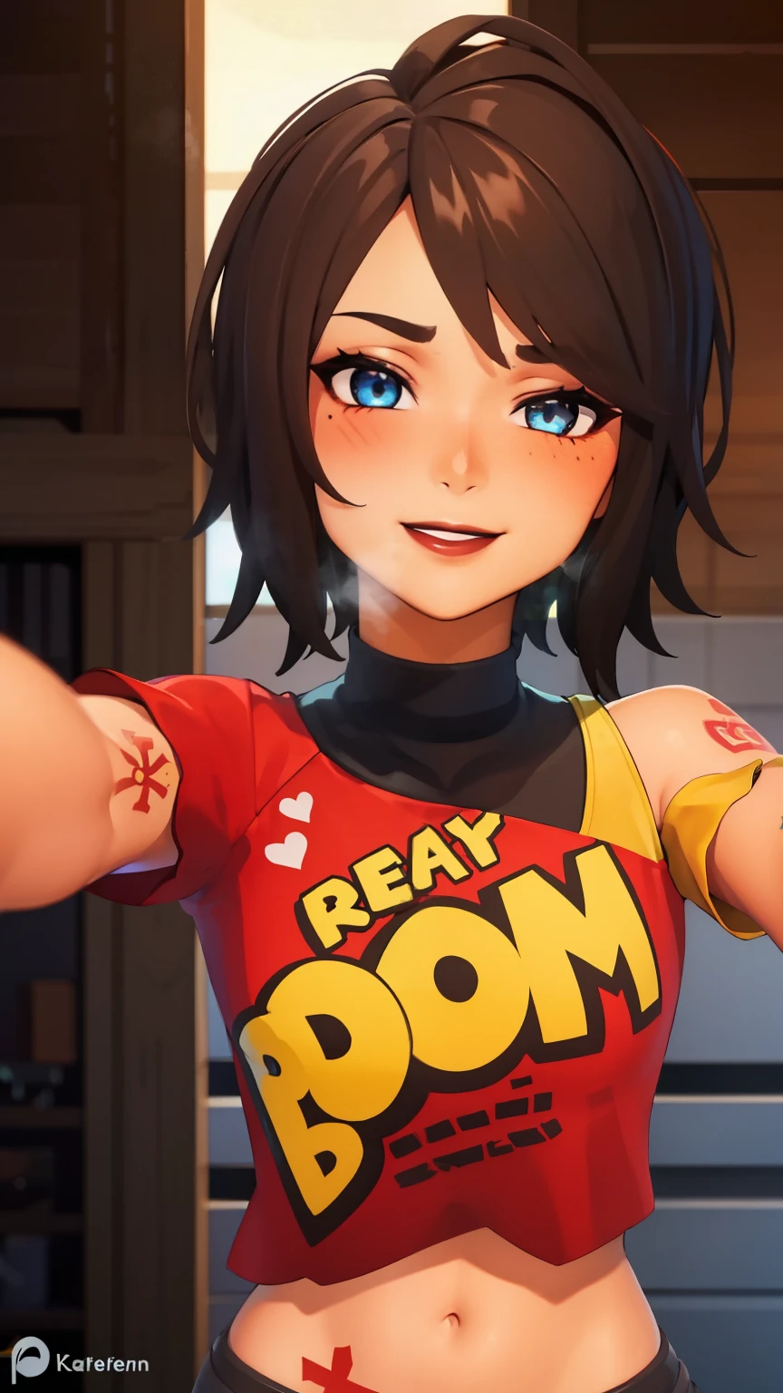 1girl, tntinafn, brown hair, short hair, blue eyes, dark tone skin, ((heavy breathing:1.3)), (blush:1.1), (black eyeshadow1:1), upper body,(speed lines:1.1), heart, tattoos, navel, red crop top, one bare shoulder, brown lips, smile, looking at viewer, facing viewer, outstretched arms, kabedon pov,