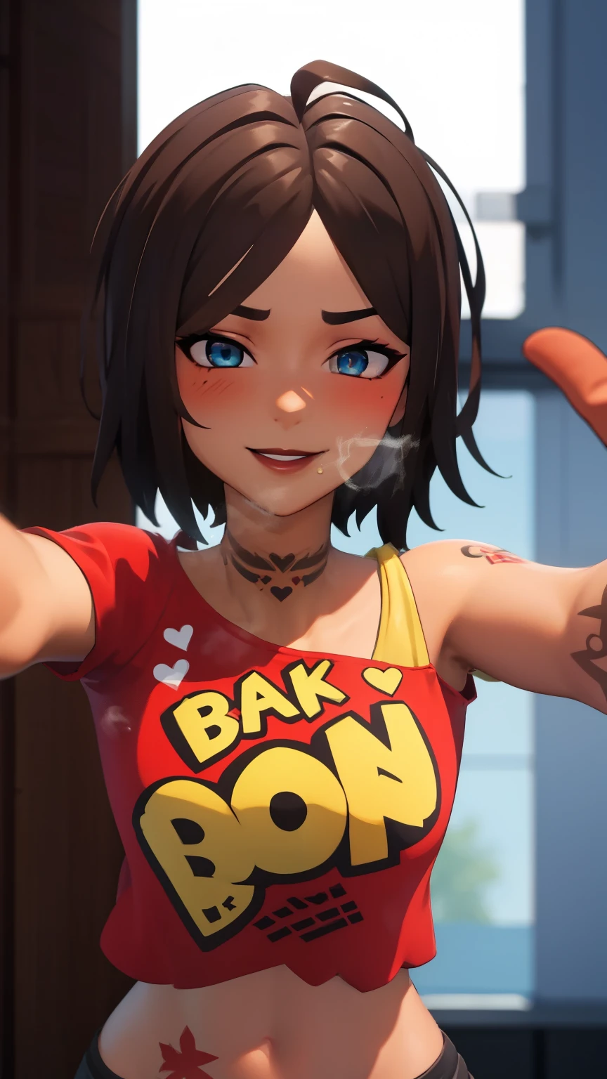 1girl, tntinafn, brown hair, short hair, blue eyes, dark tone skin, ((heavy breathing:1.3)), (blush:1.1), (black eyeshadow1:1), upper body,(speed lines:1.1), trembling, heart, tattoos, navel, red crop top, one bare shoulder, brown lips, smile, looking at viewer, facing viewer, outstretched arms, kabedon pov,