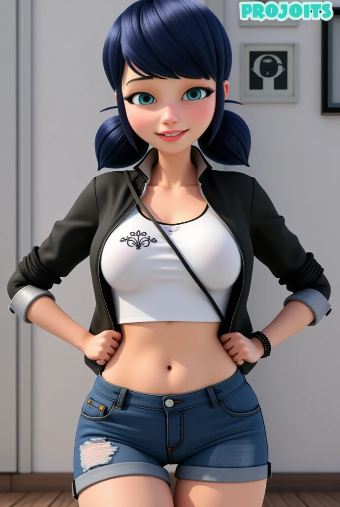 Marinatte from lady bug, small waist and wide hips, wearing shorts and a crop jacket 