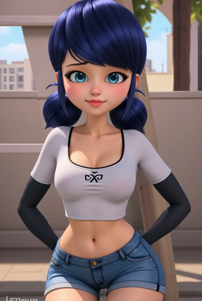 Marinatte from lady bug, small waist and wide hips, wearing shorts and a crop jacket 