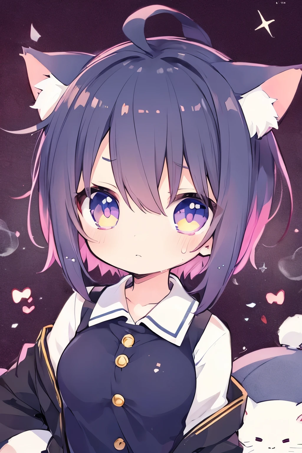 1 girl, blue eyes, by the wide, hits, purple hair, old, sad pout, black collar, cat ears, purple cat tail, black clothes