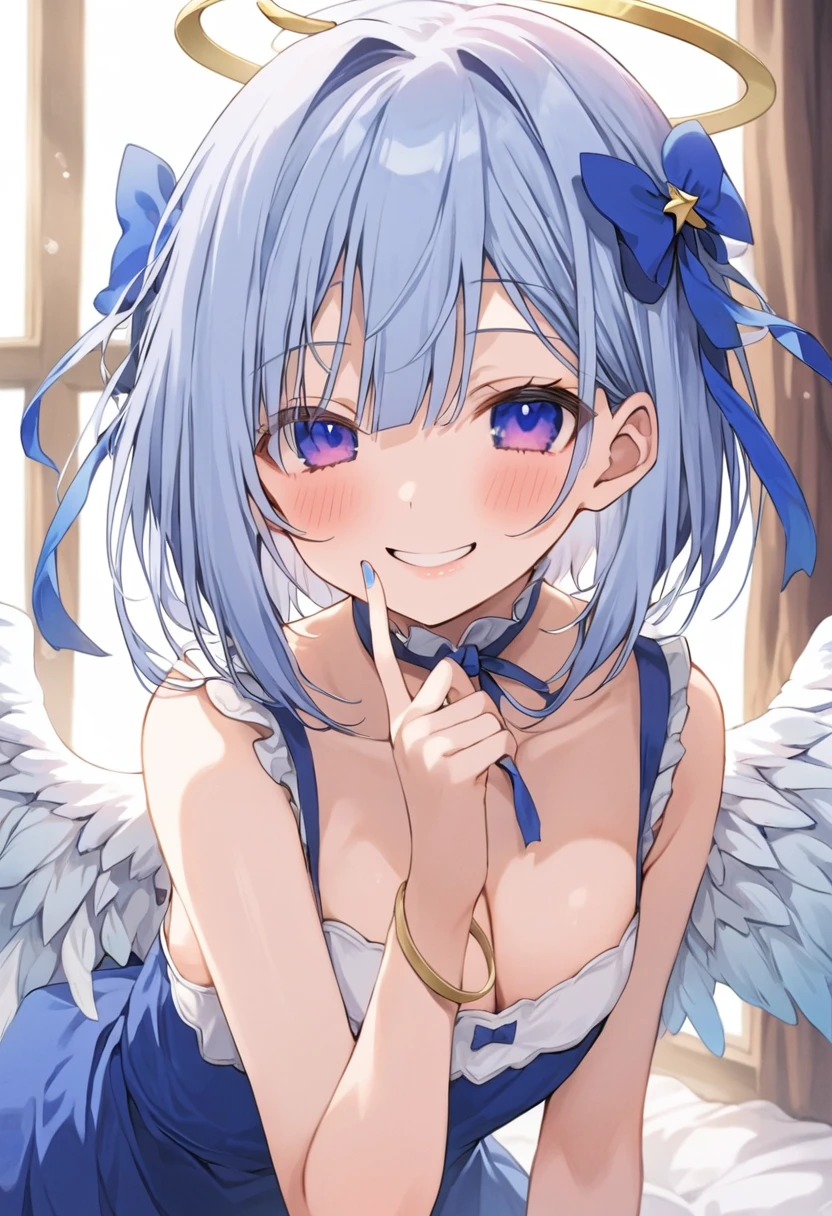 ((masterpiece、Best Quality))Amane Kanata、Angel、Hololive、woman、Cleavage Emphasis、cute、Young、Idol、Amane Kanataの衣装、Light blue hair、Short Bob、Bright Blue Eyes、Blue Ribbon、smile、Red cheeks、Fan service、