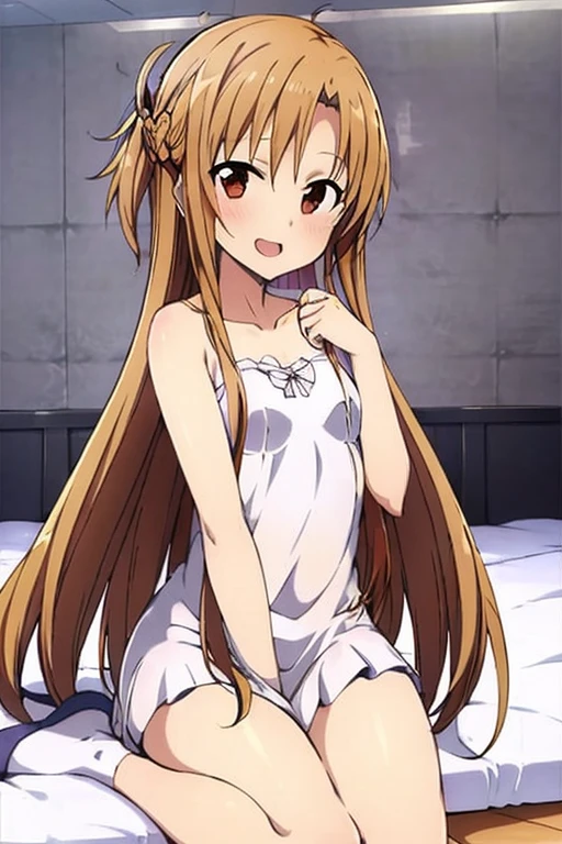 ((Best Quality)), ((masterpiece)), (be familiar with), Perfect Face, indoor, bedroom, Watching the audience,
One woman, Yuuki Asuna,
Open Mouth, Ecstatic expression, blush, smile,
Small breasts, Flat Chest, , , child, Girl,
Long Hair, Long Hair,
Leg spread,