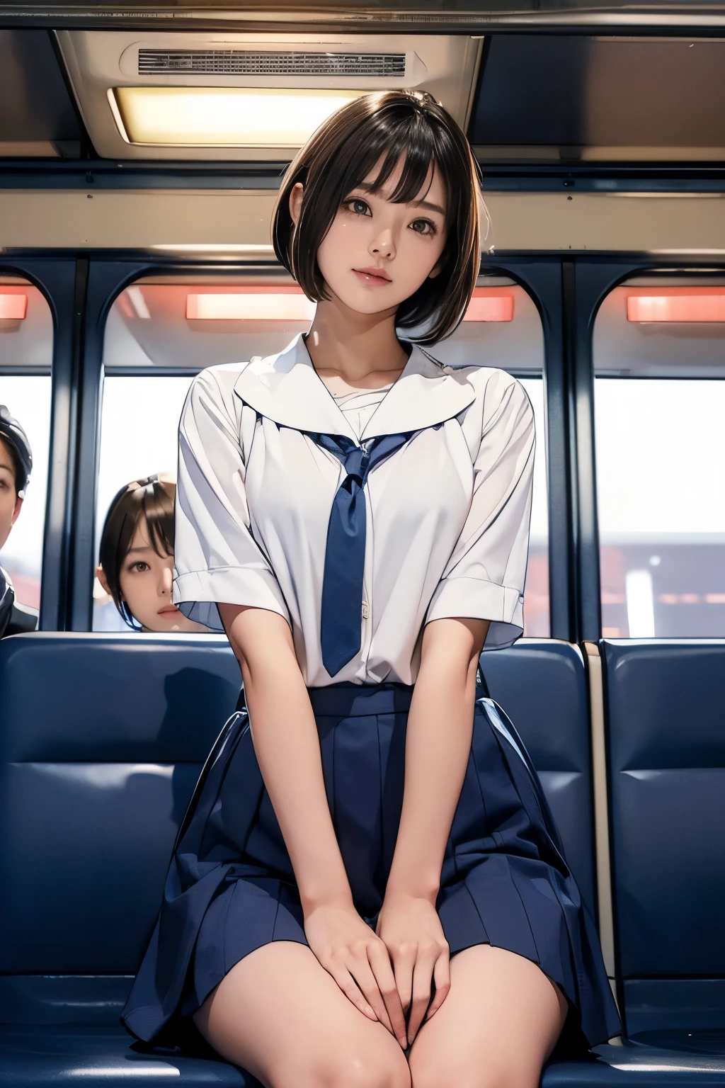 High-definition images, atmospheric perspective, 8K, Super detailed, Accurate, highest quality, 
1 girl, alone, chest, looking at the viewer, (look at the audience,:1.5),  
brown hair,  brown eyes, parted lips, smile slightly、underwear, panties, (japanese school uniform), 
 (navy blue mini skirt), (sit on a train seat:1.5), （spread your legs to the side:1.4)、underwear, panties, parted lips, 
 lips, (navy blue skirt), full body shot,  (((spread your legs, crossed arms))), showing sexy 、(whiteの panties:1.5), realistic ,
(white, collared shirt, ribbon tie),
(Do not expose your upper body:1.5),((Ceiling from below:1.2))、((from below:1.38))、
(turn your body toward the viewer:1.5) , (from below, look up:1.5), ((15 year old Japanese girl, short bob))