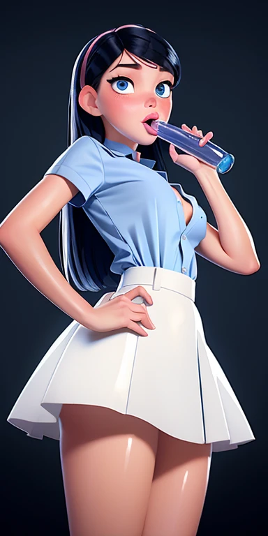 Cartoon, pixar, blue eyes, choker, school uniform skirt, navy blue skirt, white buttoned up shirt, wet stains on clothes, unbuttoned shirt, shiny cleavage, perky tits cleavage, deep tan, country woman, (masterpiece, best quality:1.2),white woman , intricate details, centered, (tiktok trend makeup:1.2)tiktok girl), athletic, bangs, looking straight at viewerm(thick lips:1.3), (ring light reflection), (light reflection in eye:1.1), round light, led light, ringlightselfie,(cum-slut mouth:1.1)cum-slut lips:1.1)spit bubbles:1.1),(blowjob:1.3), cock in mouth, sucking tight, (shiny skin:1.2), sticking tognue out, ahegao eyes, cross- eyes, shiny thighs, (blowjob:1.3)