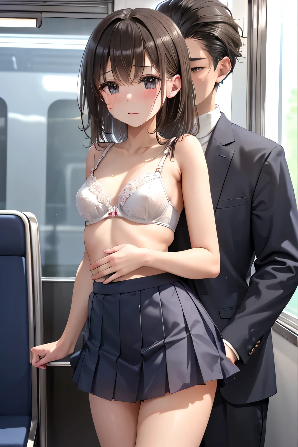 ((On the train、A man molesting a high school girl、Hands tied behind her back、Bra is visible、Crying face、wet 、Please put your hands inside your skirt、 Shake your hips, Small breasts)), Shiny brown hair, (Beautiful blue eyes、Shining eyes fine grain)、超fine grain、High quality face, Very fine grain,Cowboy Shot、Like, evening,
((Best Quality, 8k, masterpiece: 1.3)),
Beauty, Hide your face, 1 girl,beautiful: 1.3,
High quality face, Detailed lips, fine grain, double eyelid, After sex, Man ejaculates on high school girl, Sex fluids are dripping, Panties are visible,
