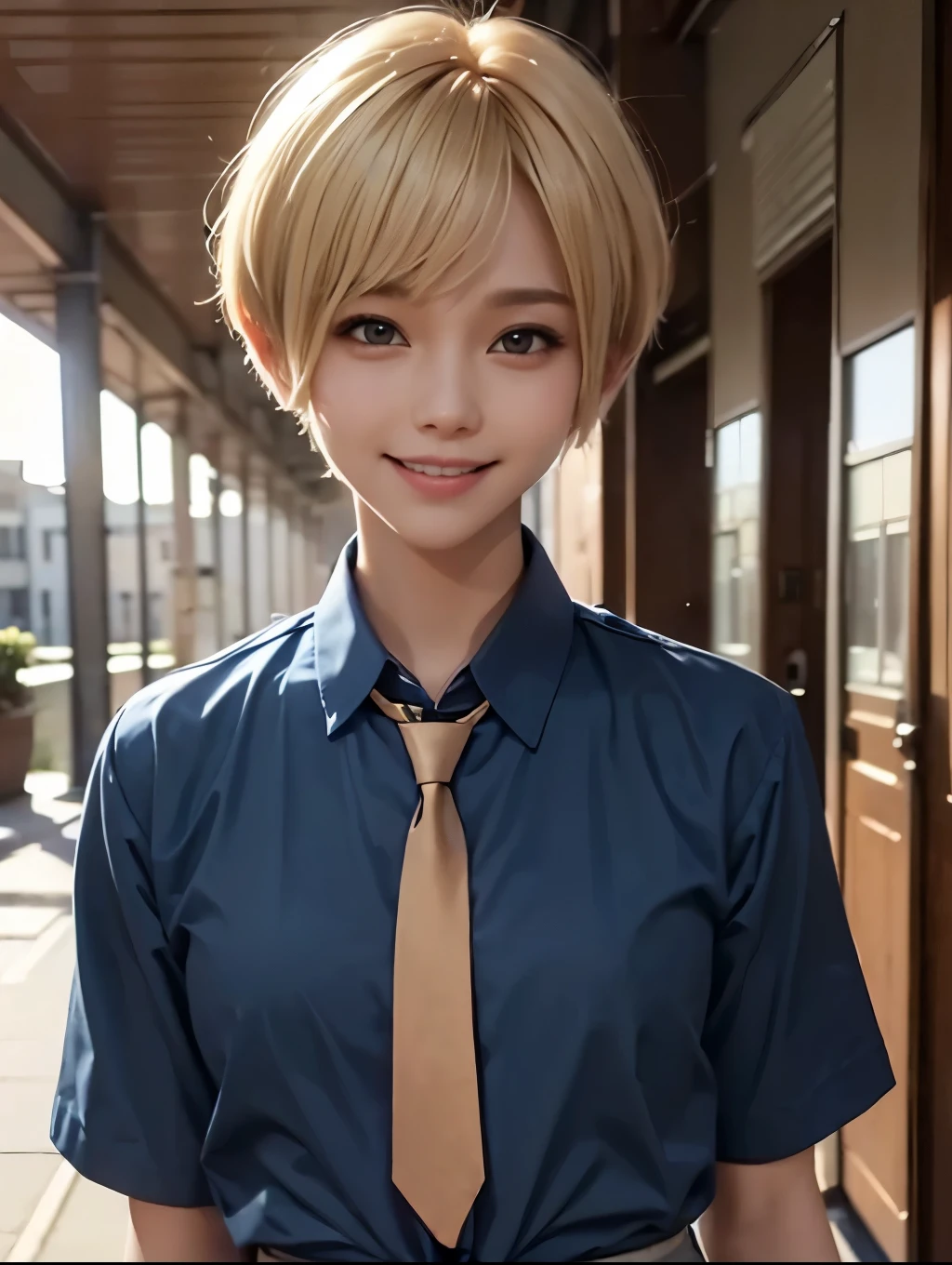 {masterpiece}, ((upper body)), face focus, ((school corridor)), standing, ((sunset)), (blonde hair, very short hair, pixie cut), 20years old, ((blue shirt, navy tie, school uniform)), smile, Korean