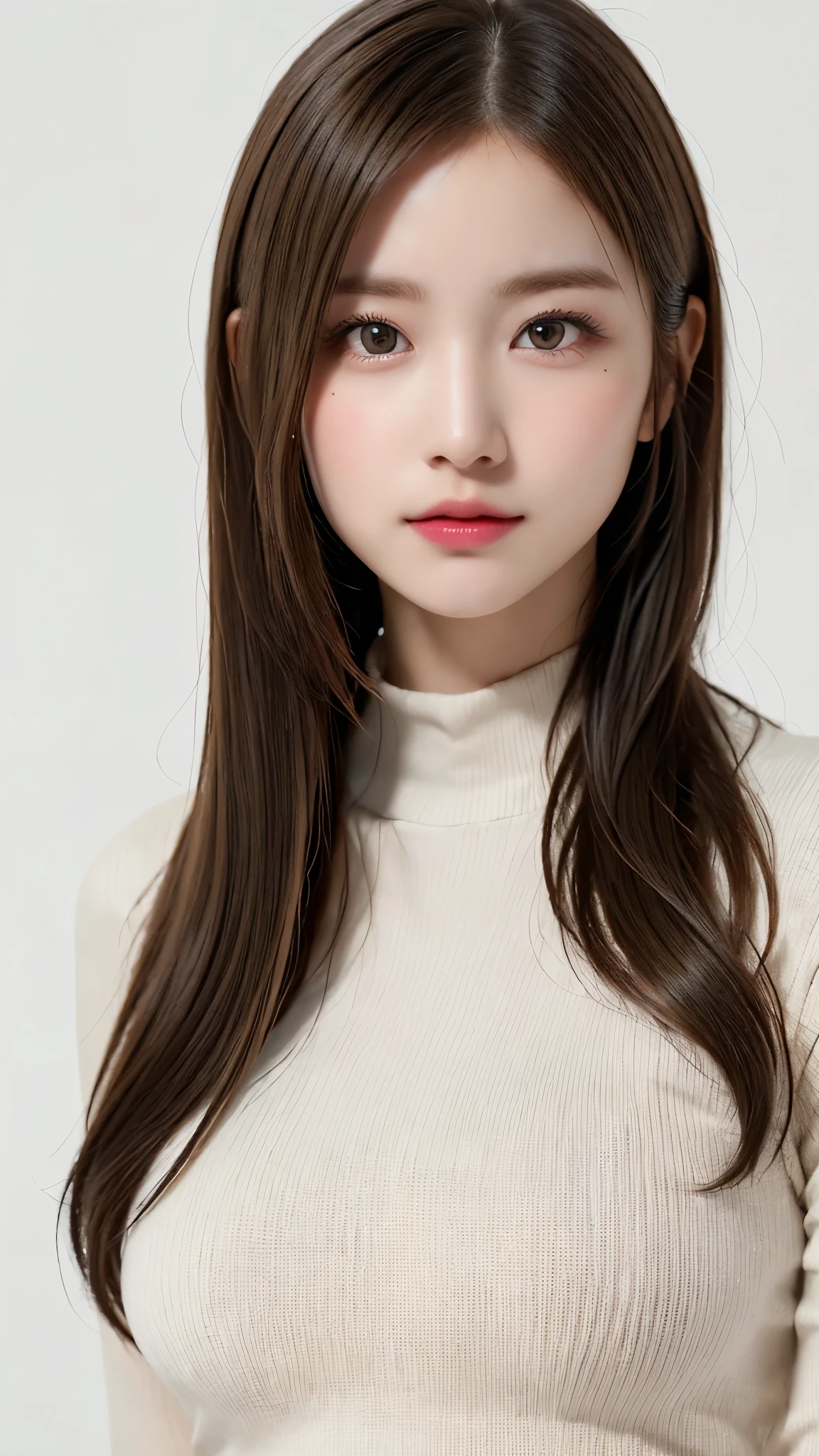 Obese、huge breasts、(((forehead、white blond:100.0、Soft Light、Blonde、Black high neck knit sweater、30 years old:100.0、tall stature:100.0、arms behind:5.0、hime cut:100.0、Obese:100.0、huge breasts:20.0)))、Blonde:100.0、Lighting from the front:100.0, highest quality, figure, finely, High resolution, 8k wallpaper, perfect dynamic figure, detailed and beautiful eyes, forehead,White blonde, long hair, super big breasts:100.0, Natural Color Lip,white background, random cute poses,