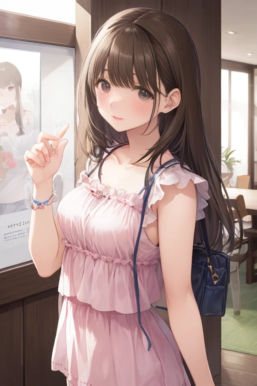 (masterpiece:1.2, top-quality), (realistic, photorealistic:1.4), beautiful illustration, (natural side lighting, movie lighting), nsfw,
looking at viewer, (face focus, upper body), 1 girl, high school girl, (perfect anatomy, anatomically correct, super detailed skin), cute and symmetrical face, perfect face, perfect eyes,
(long hair:1.4, hime style, hime cut, purple hair), blunt bangs, purple eyes, big eyes, long eye lasher, (medium breasts, seductive thighs), slender, babyface, shiny skin,
beautiful detailed hair, beautiful detailed face, beautiful detailed eyes, beautiful clavicle, beautiful body, beautiful chest, beautiful thigh, beautiful legs, beautiful fingers,
(sleeveless white blouse, rose brown tight skirt, white neck ribbon, white high heels with straps), beige handbag,
(beautiful scenery), evening, (shopping mall:1.5), standing, appointment, (lovely smile, upper eyes, parted lips),