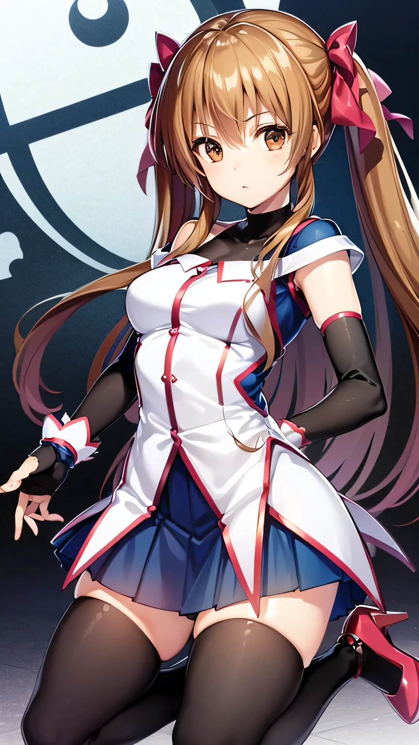 {{{masterpiece}}}, (best quality:1.5), (ultra-detailed:1.5), {illustration}, {{an extremely delicate and beautiful}}, (beautiful detailed eyes:1.6), extremely detailed face, 16k, visual anime de uma jovem mulher, extremamente bonito rosto de anime, anime melhor garota, (perfect hands, perfect anatomy), anime face, Ogata Rina(WHITE ALBUM), 1girl, solo, cute face, brown hair, long hair, twin tails, hair bow, (brown eyes:1.5), hair between eyes, bangs, medium breasts, thin waist, big hips, curvaceous, BREAK, stage costume, white shirt, off-shoulder shirt, black gloves, fingerless gloves, elbow gloves, mini skirt, pleated skirt, blue skirt, (black thighhighs:1.3), high heels, thighs, zettai ryouiki,