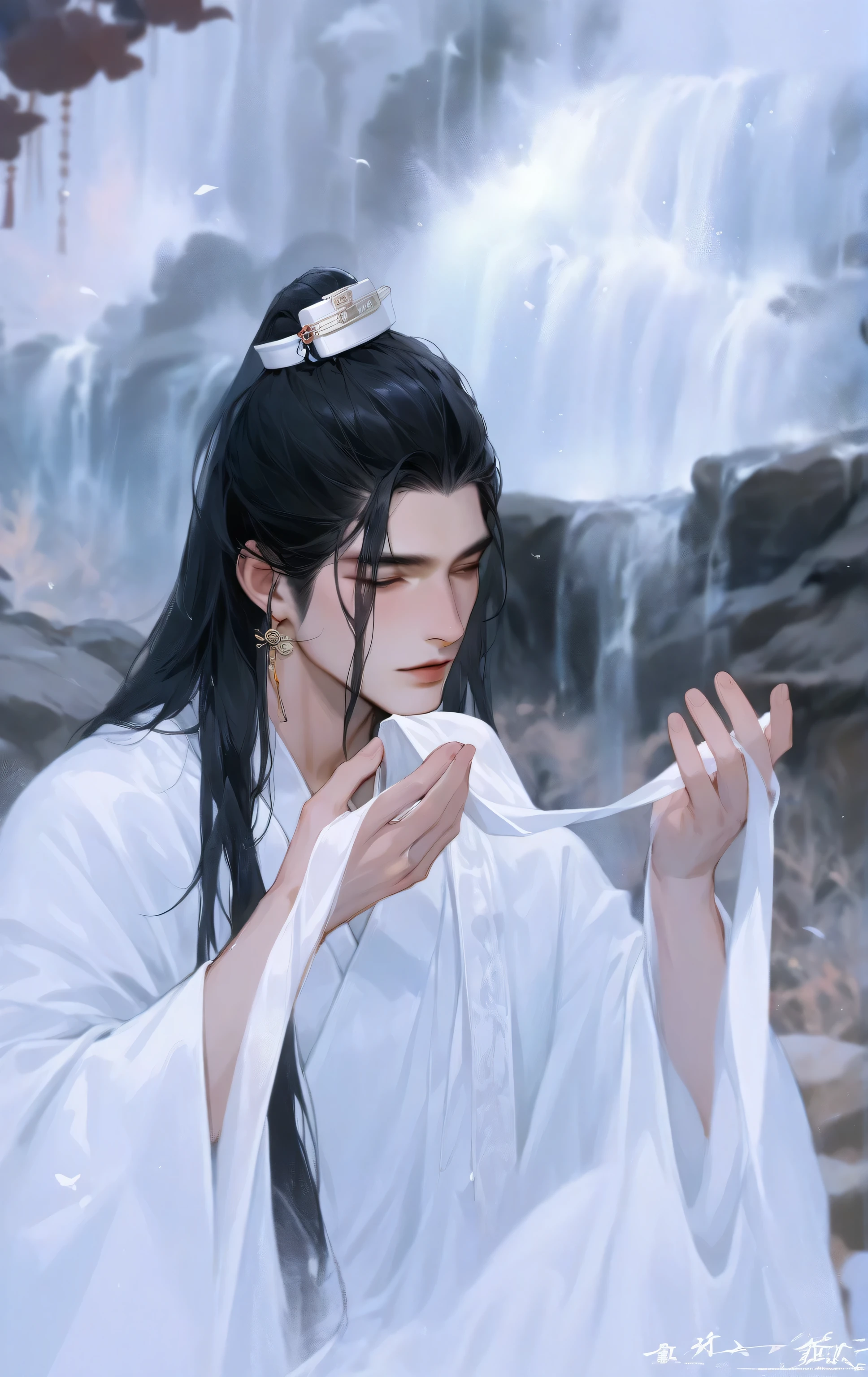 man, ancient Chinese man, long black hair, wearing a white Hanfu, wearing a white crown hairpin, holding a white cloth to cover his eyes because he is blind, Chinese, ancient China, waterfall and nature background