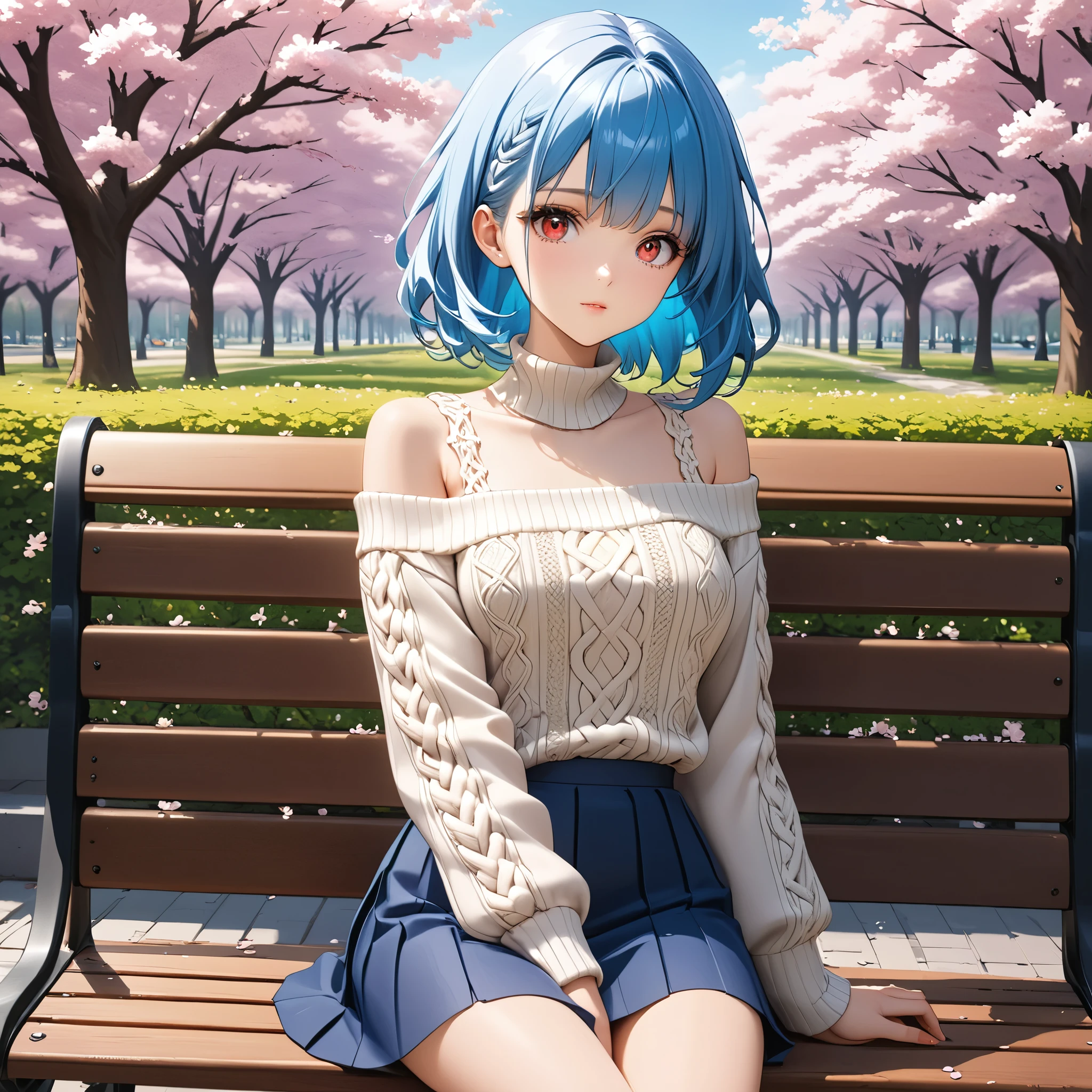 full body, looking at viewer, bright red eyes, beautiful face, perfect face, perfect hands, perfect legs, super detailed clothing, intricate clothing, Long sleeve knitted sweater: pink color, square neck, lantern sleeve, stylish and versatile, White Long Sleeve Combed Wool Plain Pullovers, Off Shoulder, Short Electric Blue Skirt, Sitting on a Park Bench, Cherry Trees with Cherry Blossoms Falling, 