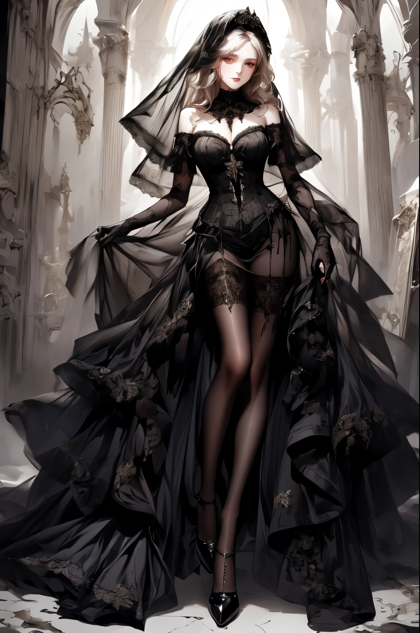 Full body image、Stand、((masterpiece, best quality, Very detailed, High resolution)), alone, beautiful girl, Shining Eyes, Perfect Eyes, , Black White Gold theme, Gothic style,　elegantic gothic dress, pantyhose, Lace Veil, Lace Gloves. Flexible lines of the body
