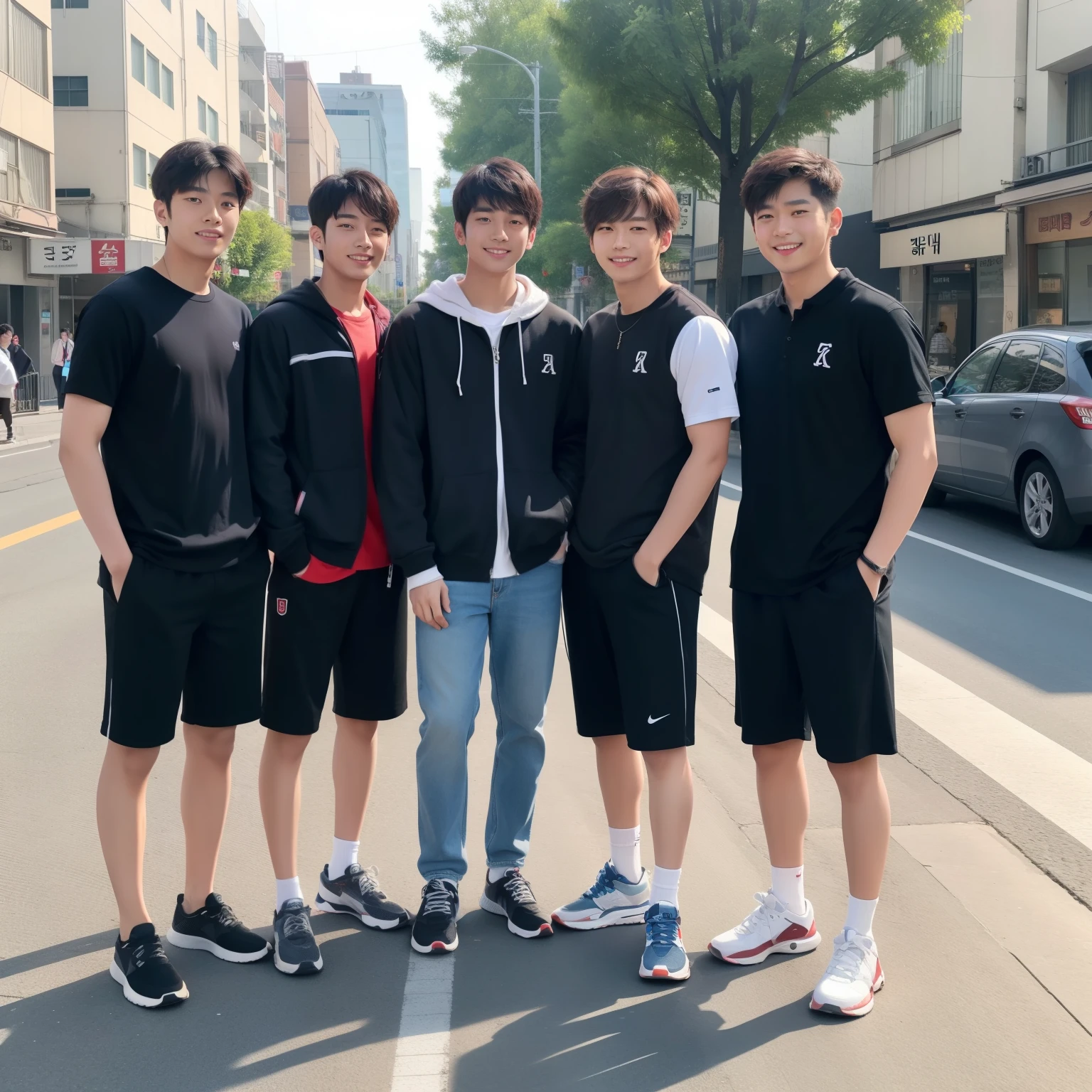 A four-man Korean handsome group stands side by side smiling in the street, Athletic, Casual clothing, Teenager, full body, a picture, 8k, high detail photo, Masterpiece