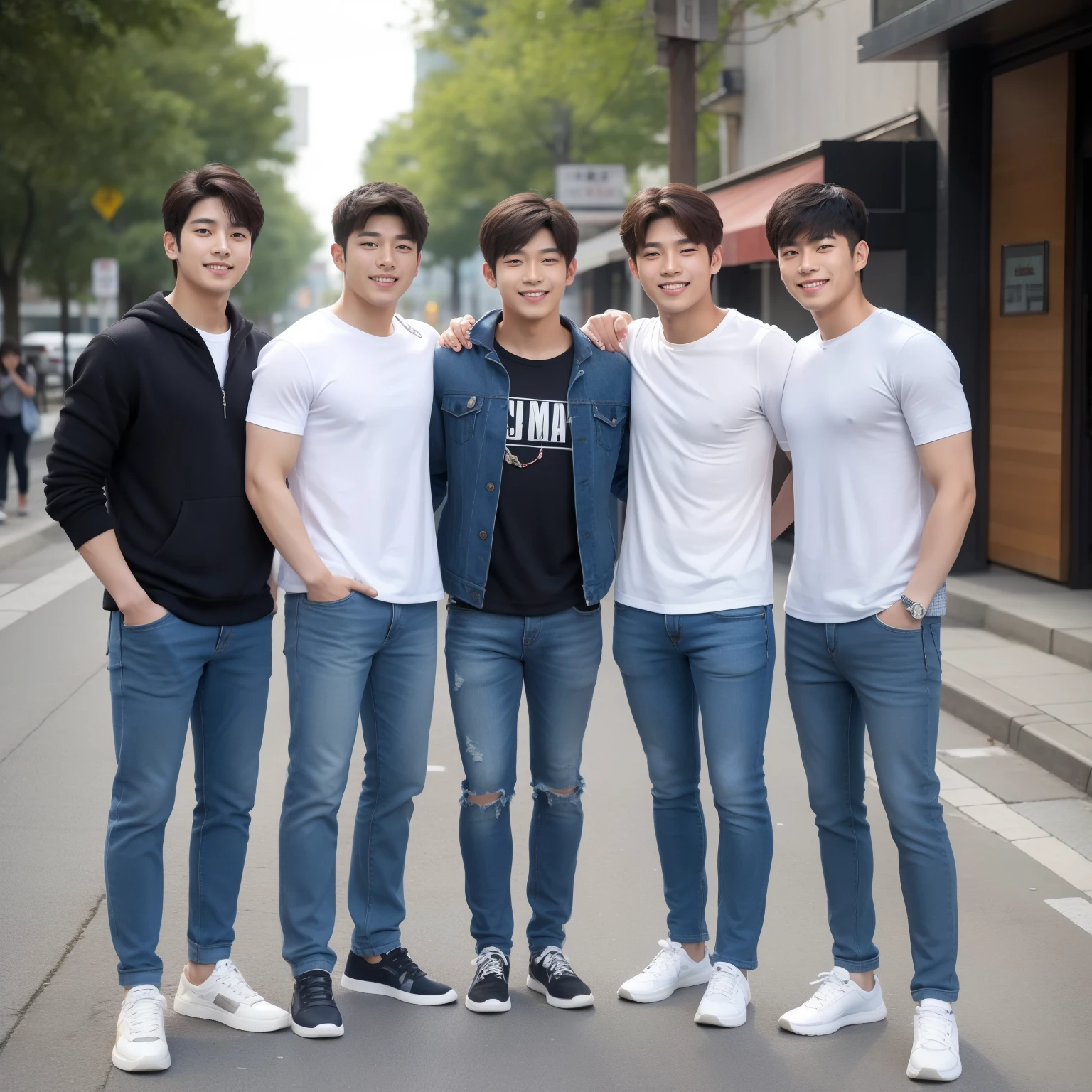 A four-man Korean handsome group stands side by side smiling in the street, Muscular, Casual clothing, Teenager, full body, a picture, 8k, high detail photo, Masterpiece