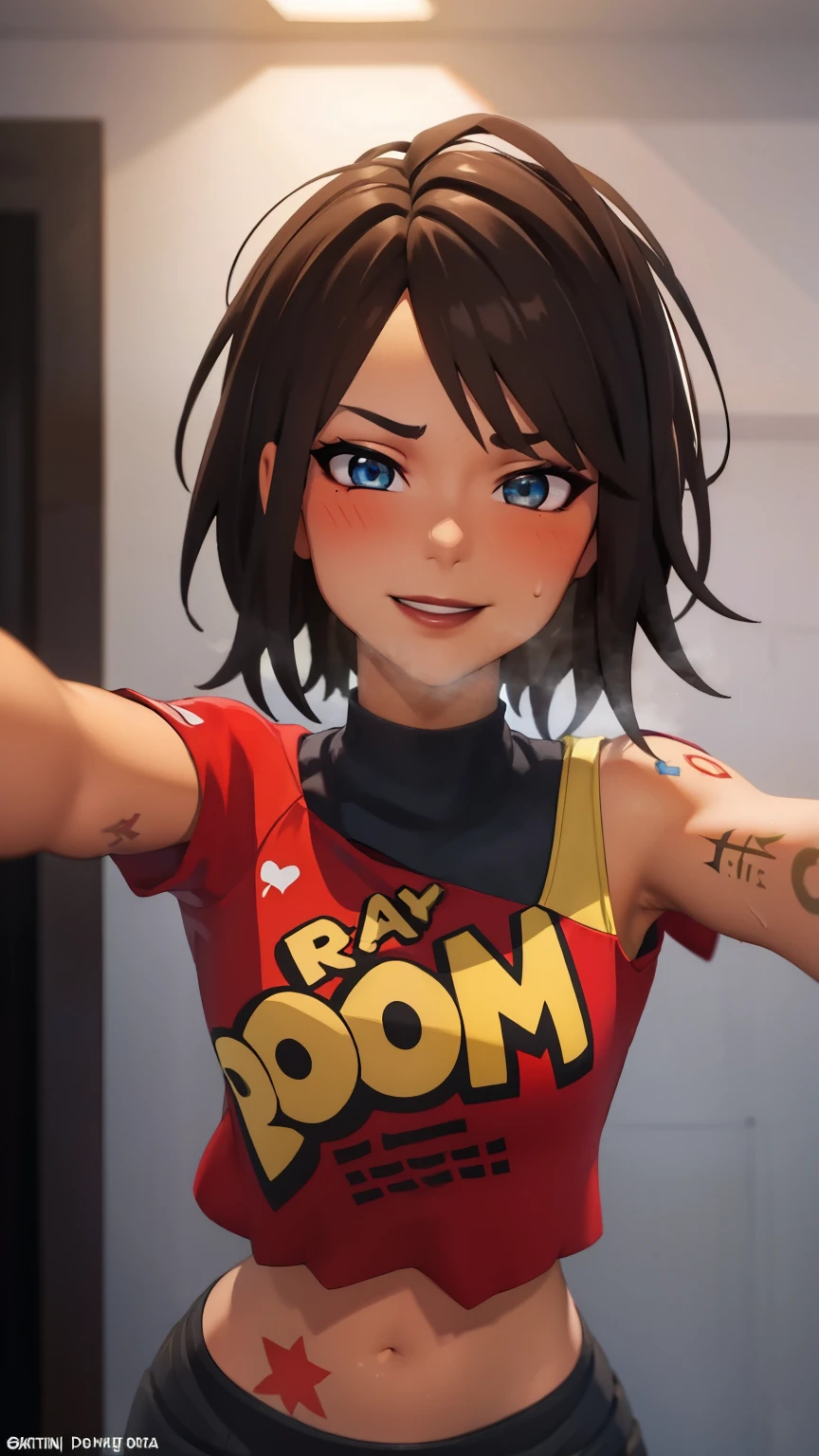 1girl, tntinafn, brown hair, short hair, blue eyes, dark tone skin, ((heavy breathing:1.3)), (blush:1.1), (black eyeshadow1:1), upper body,(speed lines:1.1), trembling, sweat, heart, tattoos, navel, red crop top, one bare shoulder, brown lips, smile, looking at viewer, facing viewer, outstretched arms, kabedon pov,