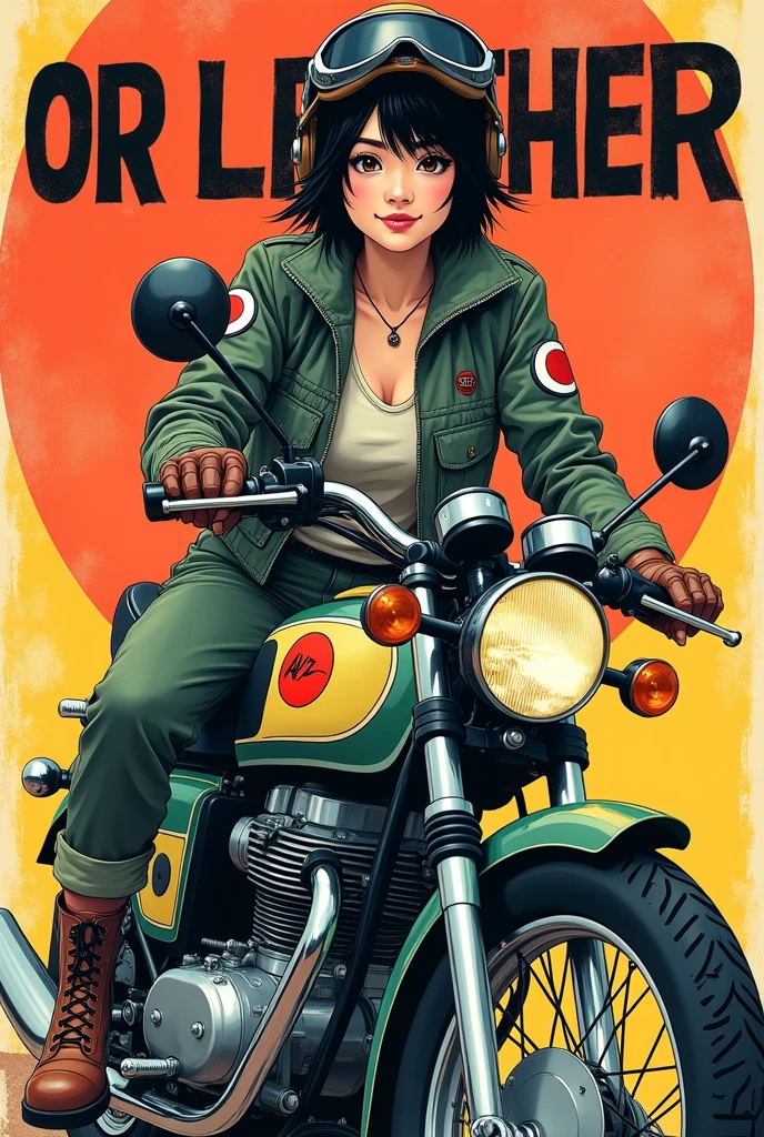 Pop Art style. A young, pretty, smiling Japanese woman with messy short black hair wears a stylish flight jacket with a Japanese flag patch on her shoulder, sturdy cargo pants, sturdy boots, a vintage helmet and gloves, and rides confidently on a vintage motorcycle in Zero fighter colours. Above her head, "OR LEATHER" is inscribed in bold, graffiti-style capital letters against a bold, vibrant background reminiscent of classic posters, embodying the spirit of freedom and self-expression that characterises this iconic pop art figure.